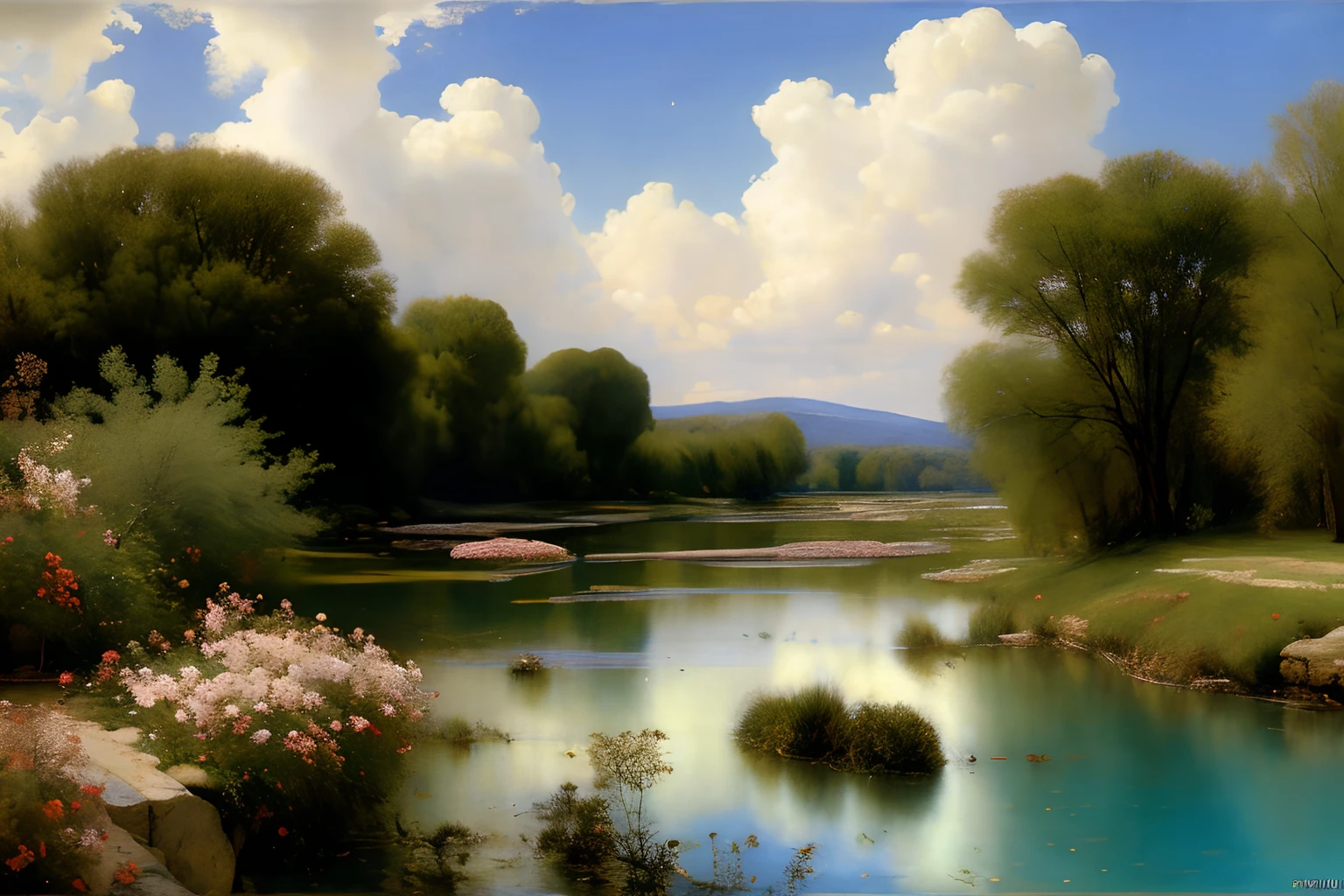 Paysage forestier au printemps , Eau cristalline, glycines, ciel azur lumineux, fleurs glycines ,(Highly detailed CG Unit 8k wallpaper), The most beautiful work of art in the world, Professional majestic oil painting, complexe, High detail, mise au point nette, dramatique, Art of photorealist painting, Alma Tadema