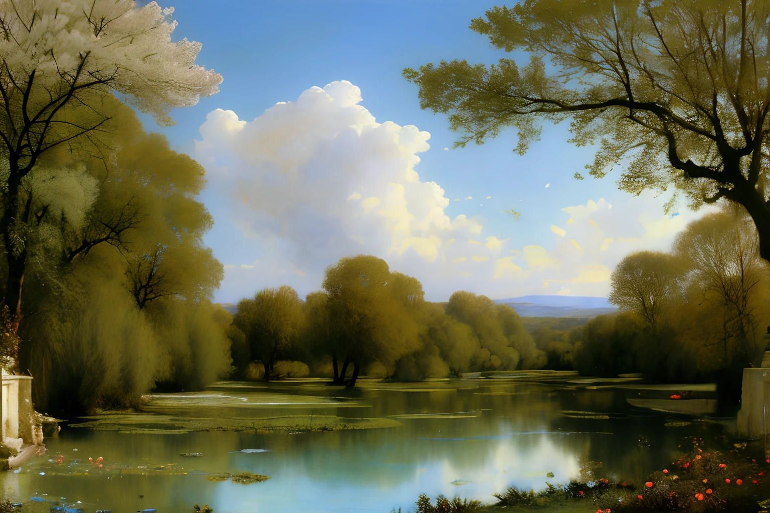 Paysage forestier au printemps , Eau cristalline, glycines, ciel azur lumineux, fleurs glycines ,(Highly detailed CG Unit 8k wallpaper), The most beautiful work of art in the world, Professional majestic oil painting, complexe, High detail, mise au point nette, dramatique, Art of photorealist painting, Alma Tadema