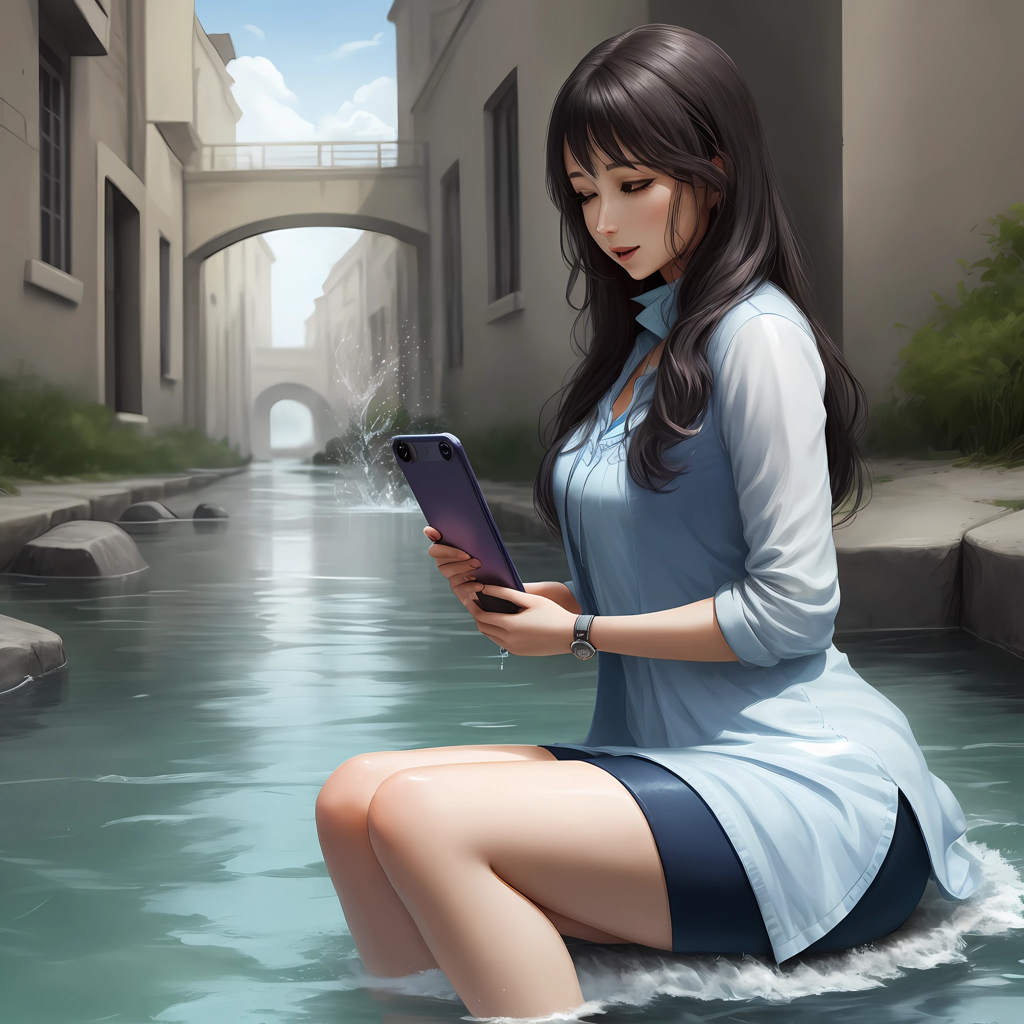 holding cell phone,A beautiful woman playing against the water and cold in her mobile phone