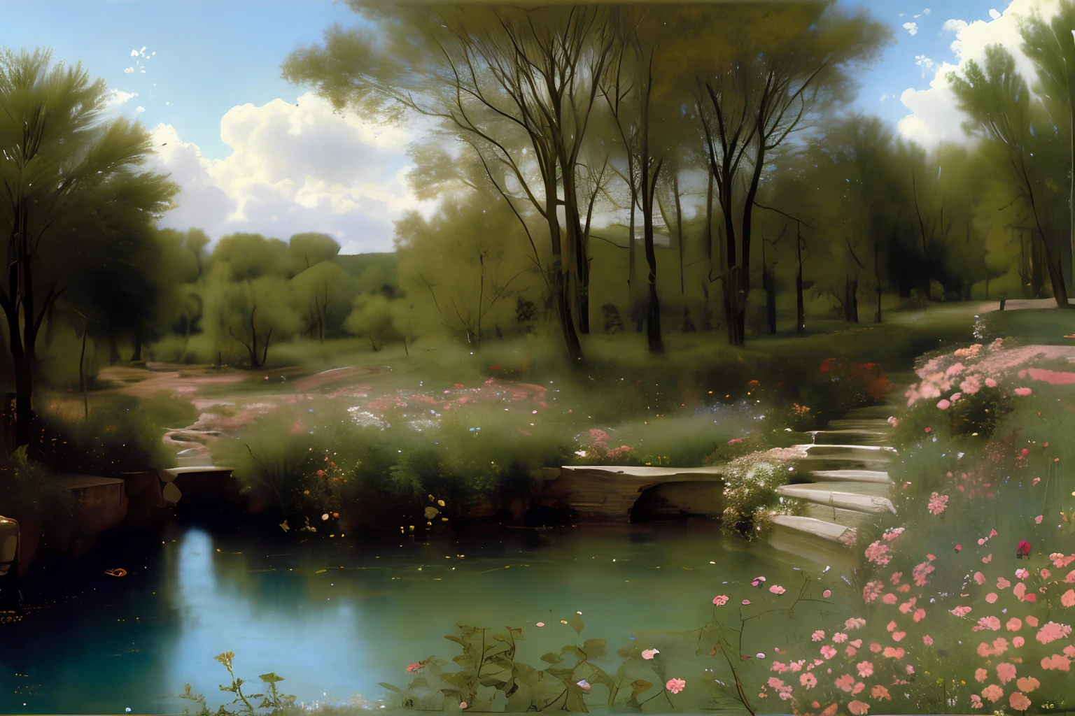 Paysage forestier au printemps , Eau cristalline, glycines, ciel azur lumineux, fleurs glycines ,(Highly detailed CG Unit 8k wallpaper), The most beautiful work of art in the world, Professional majestic oil painting, complexe, High detail, mise au point nette, dramatique, Art of photorealist painting, Alma Tadema