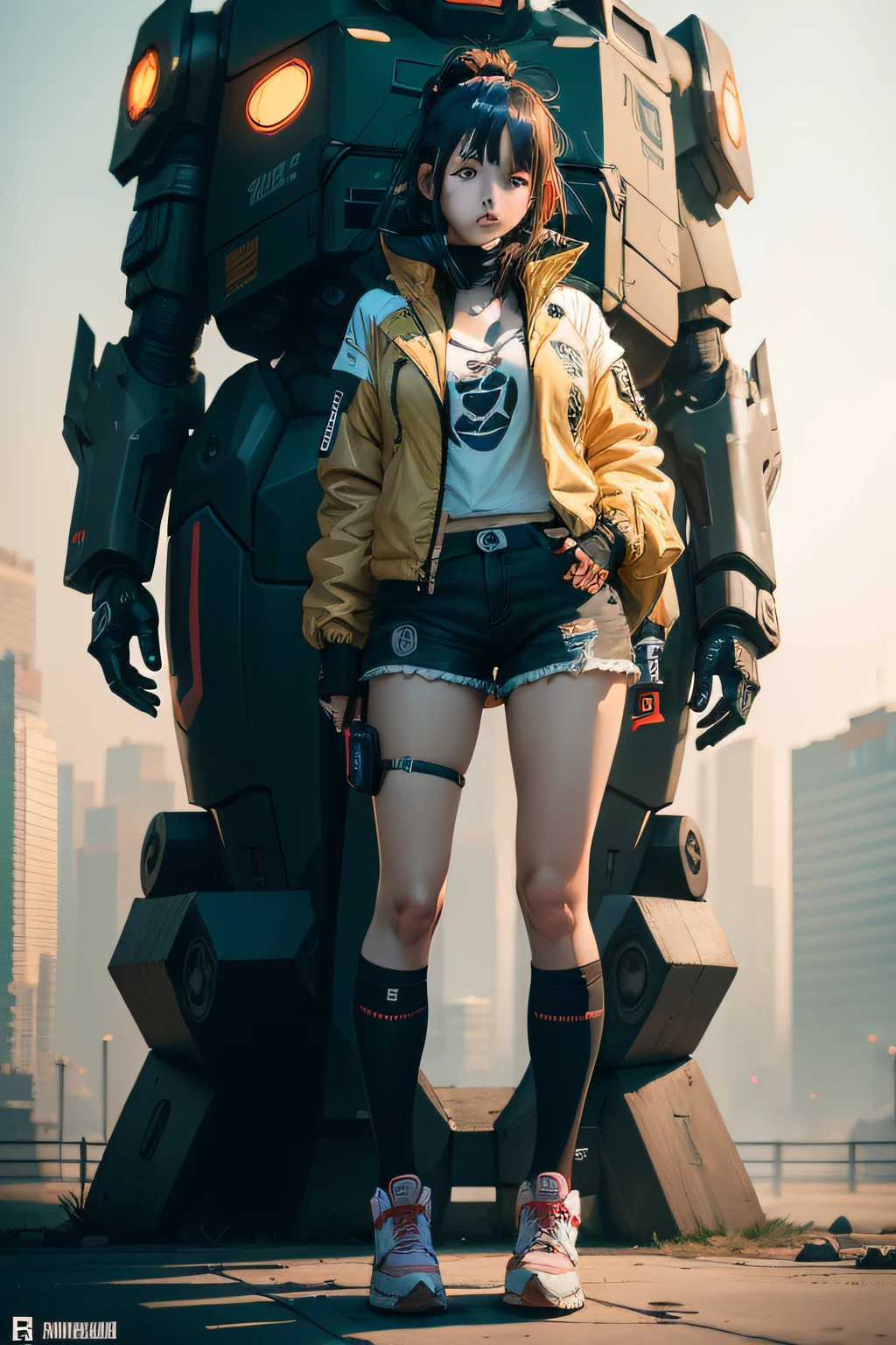 anime girl in short shorts and jacket standing next to giant robot, artwork in the style of guweiz, cyberpunk anime girl mech, trending on cgstation, guweiz, by Russell Dongjun Lu, digital cyberpunk anime art, ross tran 8 k, guweiz on artstation pixiv, girl in mecha cyber armor