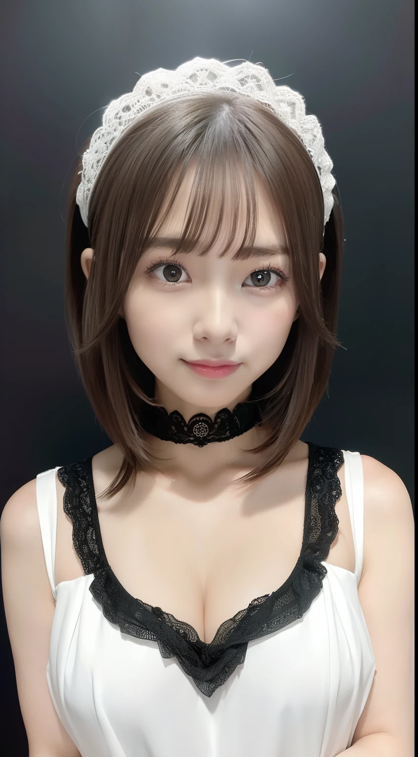 (Realistic, Photorealistic: 1.5), (Masterpiece), (Best Quality: 1.4), (Ultra High Definition: 1.2), (RAW Photo: 1.2), (Sharp Focus: 1.3), (Face Focus: 1.2), Japan Girls, Professional Outfit, (17 years old: 1.1), (Happy Smile: 1.5), (Shaggy Cut Hair: 1.6), ( JP Idol Costumes in White, Black and Pink: 1.4), (Beauty Face: 1.7), (Detailed Beautiful Dress: 1.4), Gothic Maid, (Professional Photos of Japan Girls), Medium-breasted, (Cleavage: 1.3), (Open Chest), (Detailed Silver Hair), (Double Side Up), (Viewers: 1.2), (Music DJ Cover Art: 1.1), ( Music Design Art Stage: 1.4), (Simple Gray Background: 1.6), Gorgeous Gold Lighting, BREAK, (Big), Beautiful Detail Eyes, (Cute),