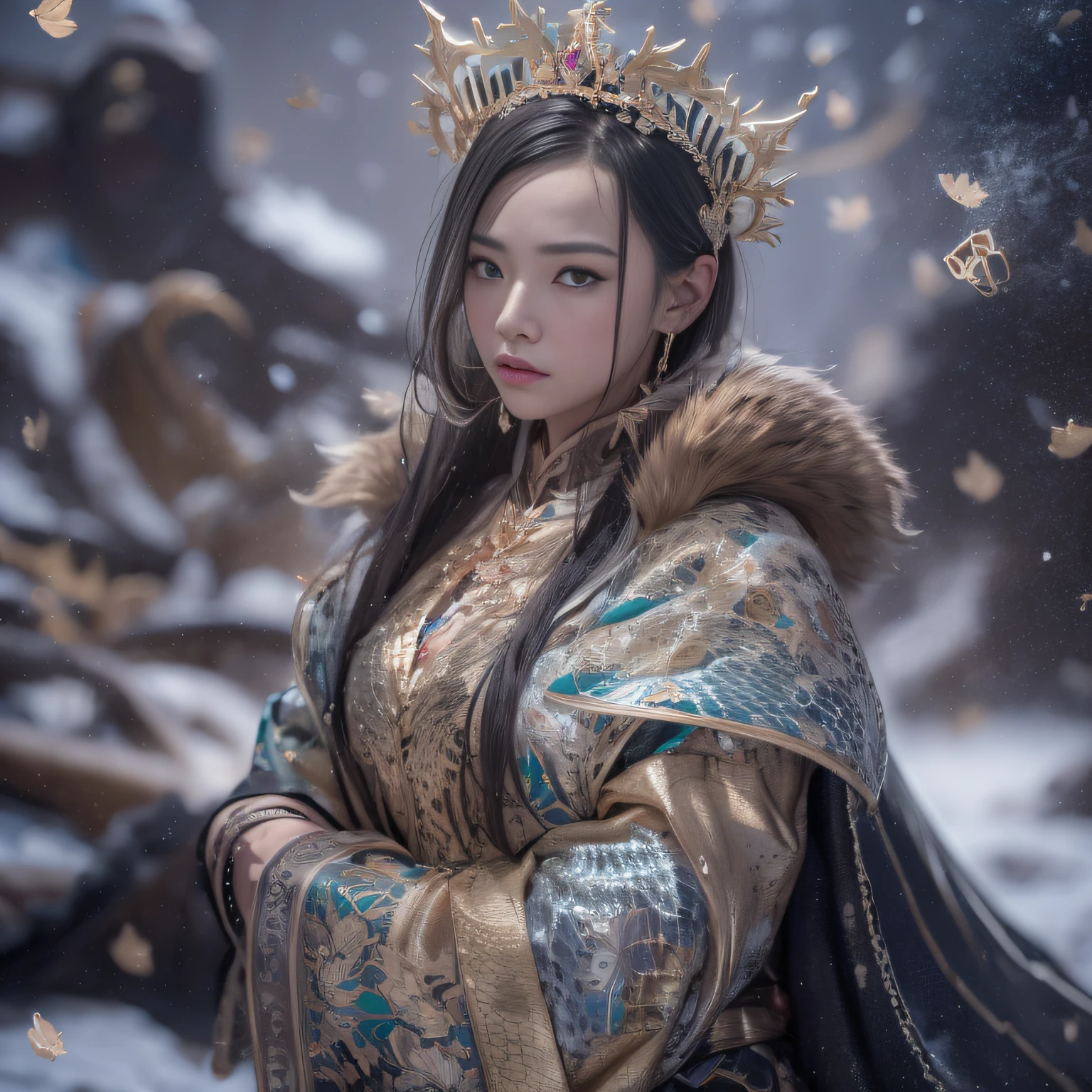 16k（tmasterpiece，k hd，hyper HD，16k）short detailed hair，Gold jewelry area in the back room，Smoke ring girl ，Bronze Dragon Protector （realisticlying：1.4），Python pattern robe，Purple-pink tiara，Snowflakes fluttering，The background is pure，Hold your head high，Be proud，The nostrils look at people， A high resolution， the detail， RAW photogr， Sharp Re， Nikon D850 Film Stock Photo by Jefferies Lee 4 Kodak Portra 400 Camera F1.6 shots, Rich colors, ultra-realistic vivid textures, Dramatic lighting, Unreal Engine Art Station Trend, cinestir 800，Hold your head high，Be proud，The nostrils look at people