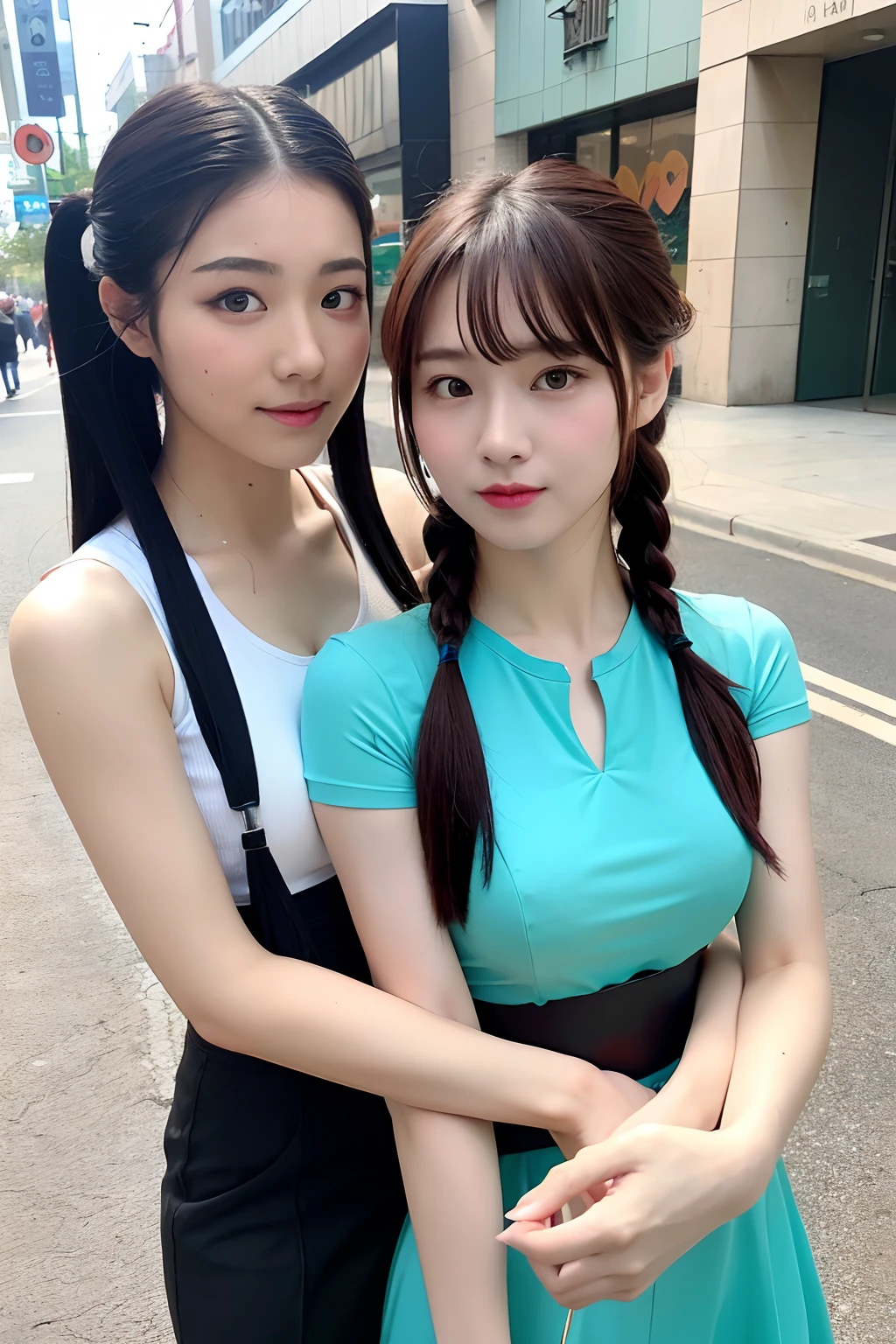 ((Best quality, 8k, Masterpiece :1.3)), duo,Two women in costume taking selfies on the street,colorful pigtail, anime cosplaying,beautiful burmese woman with slender abs: 1.3, (casual hairstyle),super detailed face, detailed eyes, double eyelids,