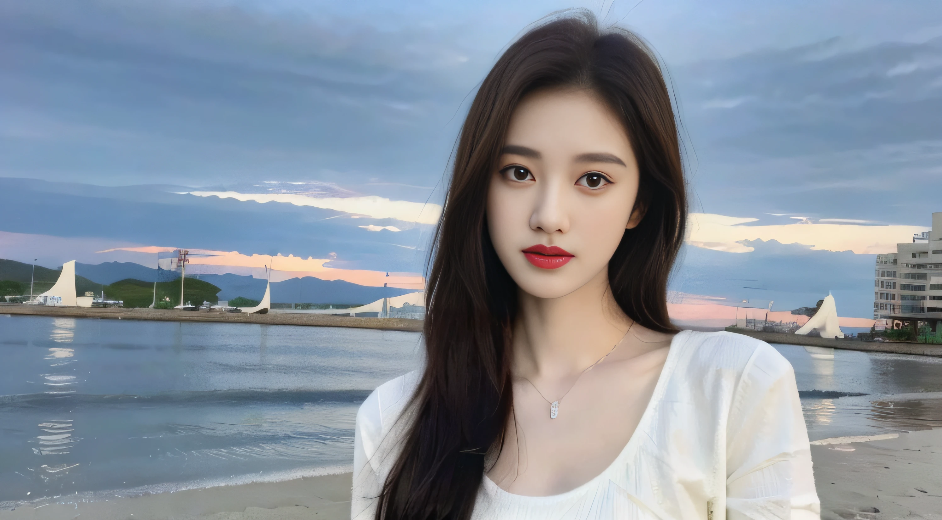 ulzang-6500-v1.1,(RAW photo:1.2), (Photorealistic:1.4), Beautiful Meticulous Girl, very detailed eyes and faces, Beautiful detailed eyes, absurderes, unbelievable Ridiculous, hugefilesize, ultra - detailed, A high resolution, The is very detailed，best qualtiy，tmasterpiece，kemomimi，illustratio，The is very detailed，CG，unified，8k 壁纸，Amazing Cleavage，finely detailled，tmasterpiece，best qualtiy，The is very detailed的 CG unified 8k 壁纸，light in face，cinmatic lighting, best qualtiy, Full body like，Refined face，18-year-old girl，Slim body，Smaller bust，White crop top shirt，short  skirt，Beach at night，（（Wet clothes））