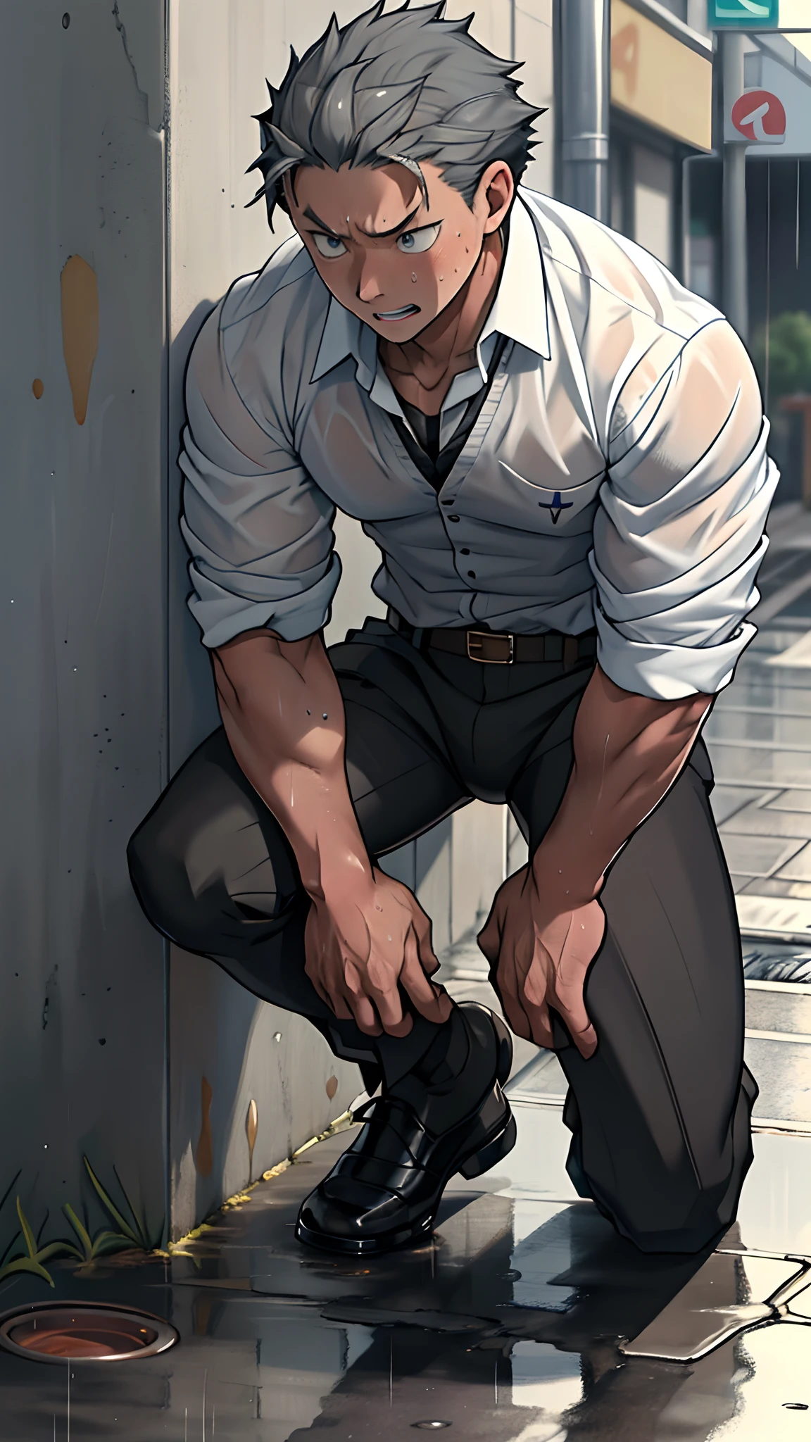 (1 Adult male),A high resolution, Sharp focus, Pixiv masterpiece, ((Complicated details)), highly detailed, natsuki_subaru,Multi-view upper body,Suit pants view, 1 man,is shy,Pee on the legs,pissing,Urine runs down the thighs,embarressed,exhilarated,is shocked,panicking,worry,A small puddle of their own urine forms around the feet,full bodyesbian,kneels on the ground,Very eager to pee,It's uncomfortable,Wet yourself,Urine discharge, Sweaty crotch,Drenched,rain,The shirt is soaked,(A gesture of pleading),blue color eyes(eyes glowing), Short gray hair,white shirt,Wear a tie,Wear a belt,Black suit trousers,perspire,look from down