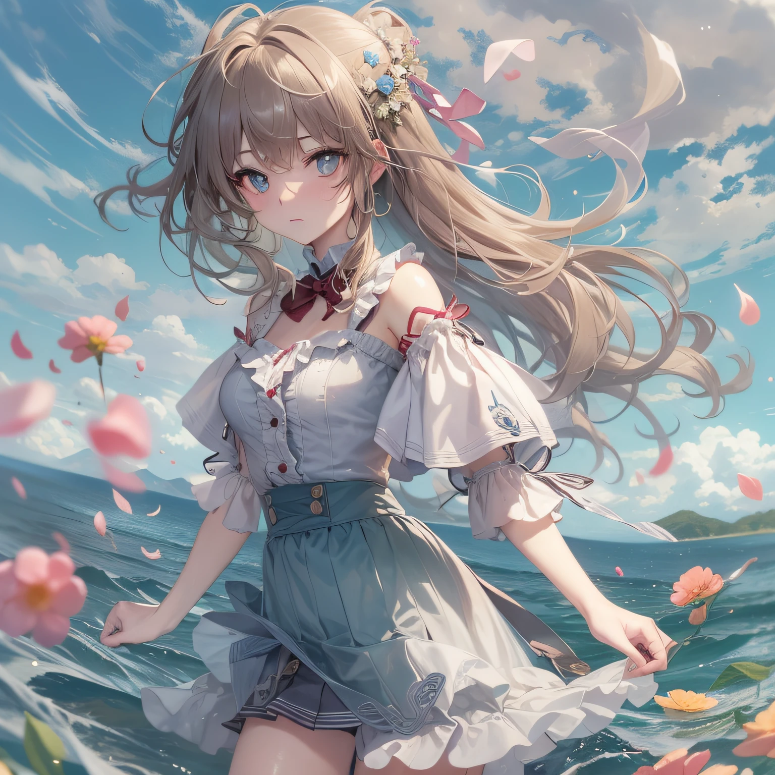 ((masterpiece)), (((best quality))), ((ultra-detailed)), ((illustration)), ((disheveled hair)), ((frills)), (1 girl), (solo), dynamic angle, big top sleeves, floating, beautiful detailed sky, on beautiful detailed water, beautiful detailed eyes, overexposure, (fist), expressionless, side blunt bangs, hairs between eyes, ribbons, bowties, buttons, bare shoulders, (((small breast))), detailed wet clothes, blank stare, pleated skirt, flowers