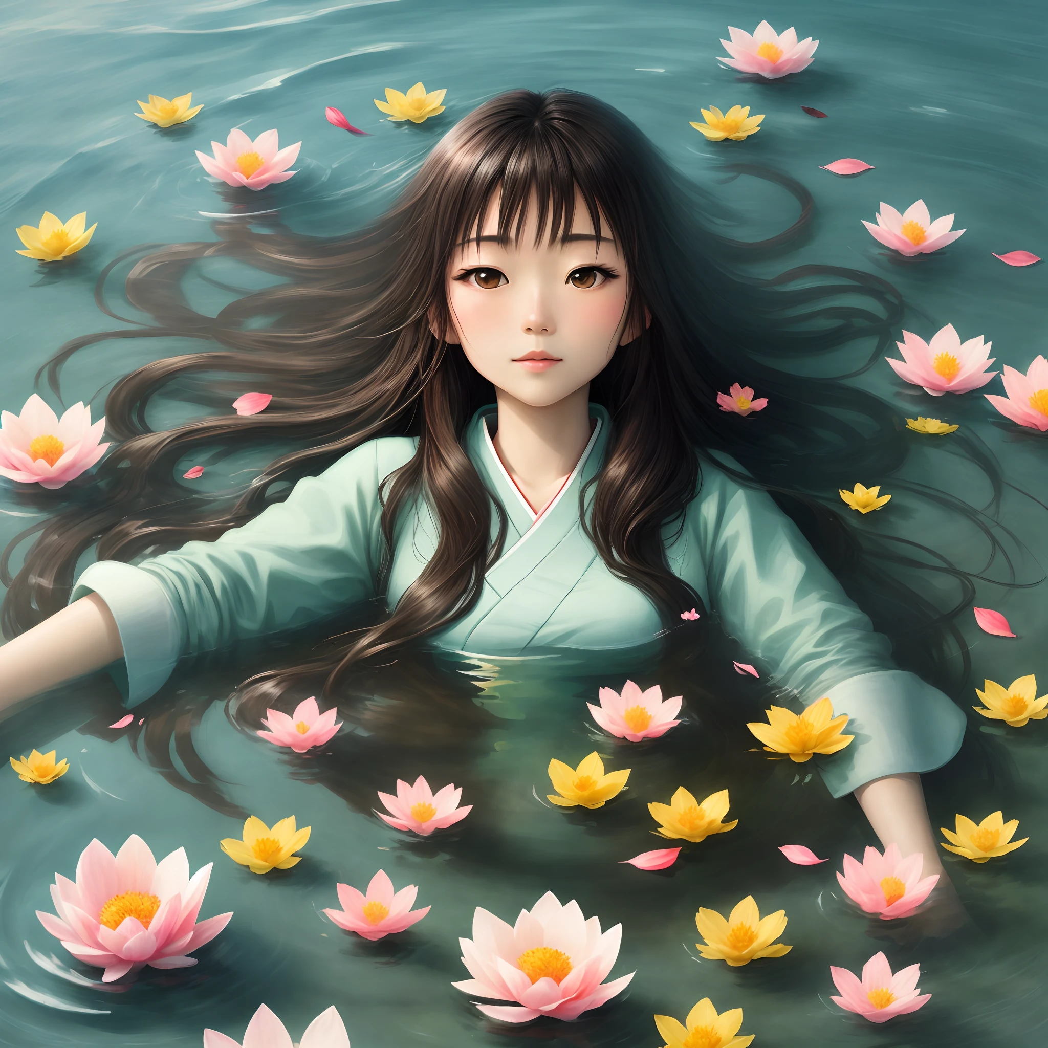 yanzawa, brunette hair, 1 girl, petals, long hair, water, solo, partially submerged, flower, traditional media, high quality,