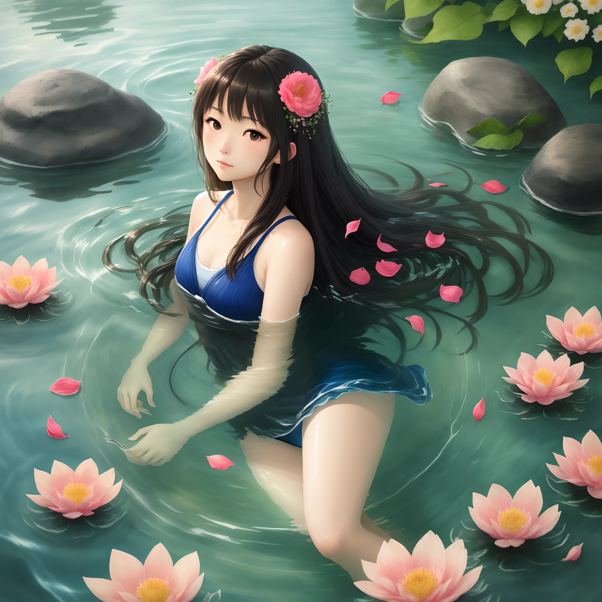 yanzawa, brunette hair, 1 girl, petals, long hair, water, solo, partially submerged, flower, traditional media, high quality,
