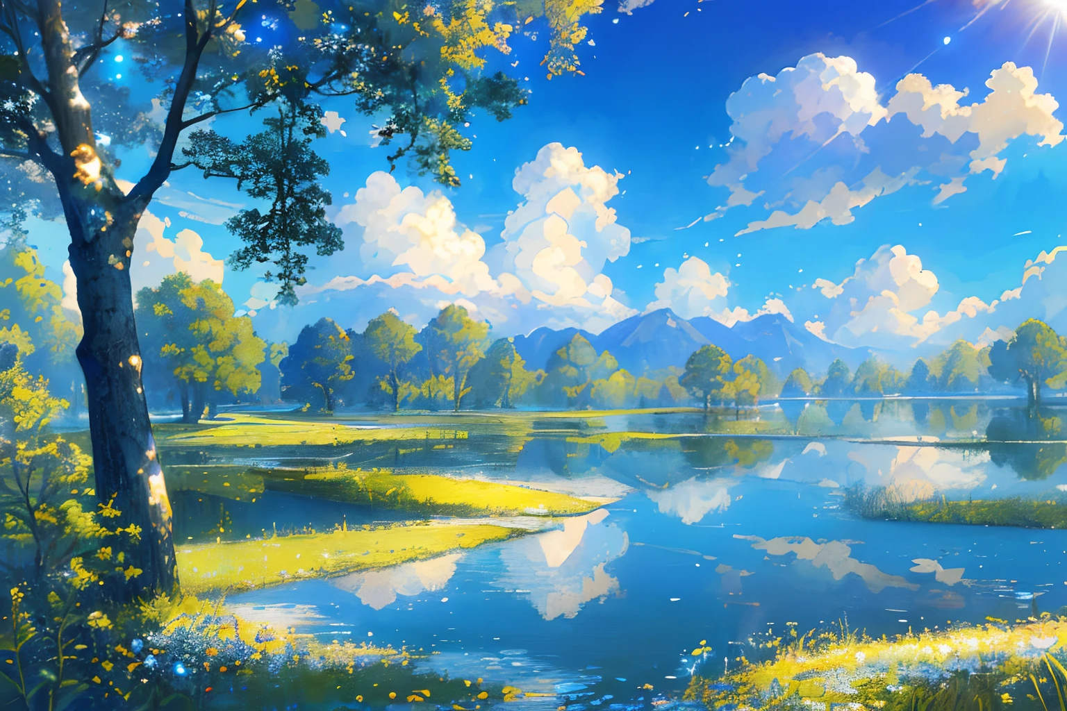 ​masterpiece, top-quality, (extremely detailed CG unified 8k wallpaper) (top-quality), (The best illustrations), (best shade)、Super Meticulous, blue-sky、Variety of clouds、Wonderfully beautiful、nostalgic、Looking up at the sky、Reflection of the Sun、Natural colors、the woods、scenic