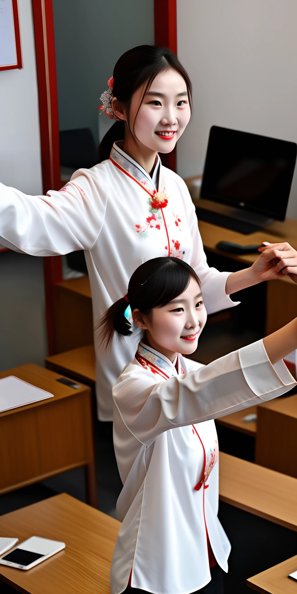 A girl in Hubei Province, China, is a thinner law student taking a selfie in the office, work attire, and a face photo 8K