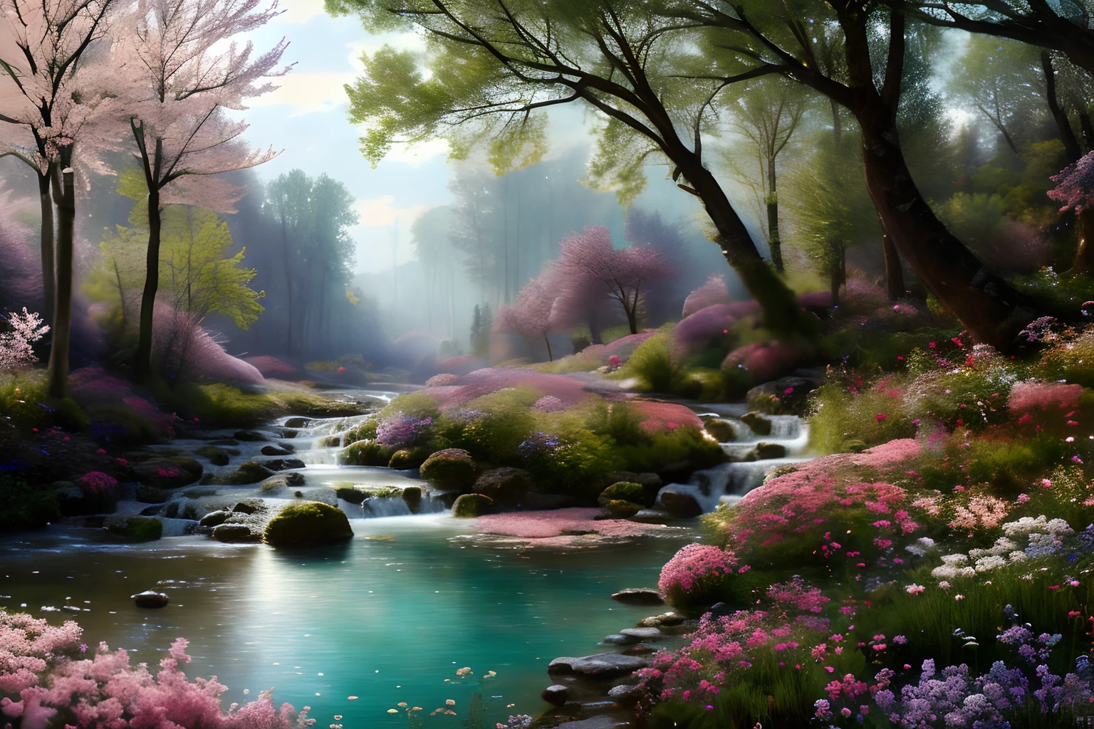 Paysage forestier au printemps , Eau cristalline, ciel azur lumineux, fleurs glycines ,(Highly detailed CG Unit 8k wallpaper), The most beautiful work of art in the world, Professional majestic oil painting, complexe, High detail, mise au point nette, dramatique, Art of photorealist painting, Alma Tadema
