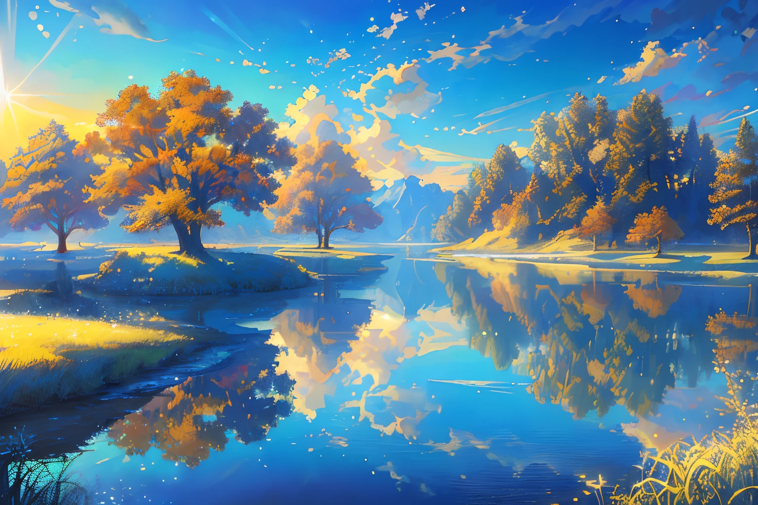 masterpiece, top-quality, (extremely detailed CG unified 8k wallpaper) (top-quality), (The best illustrations), (best shade)、Super Meticulous, blue-sky、Variety of clouds、Wonderfully beautiful、nostalgic、Looking up at the sky、Reflection of the Sun、Natural colors、the woods、scenic