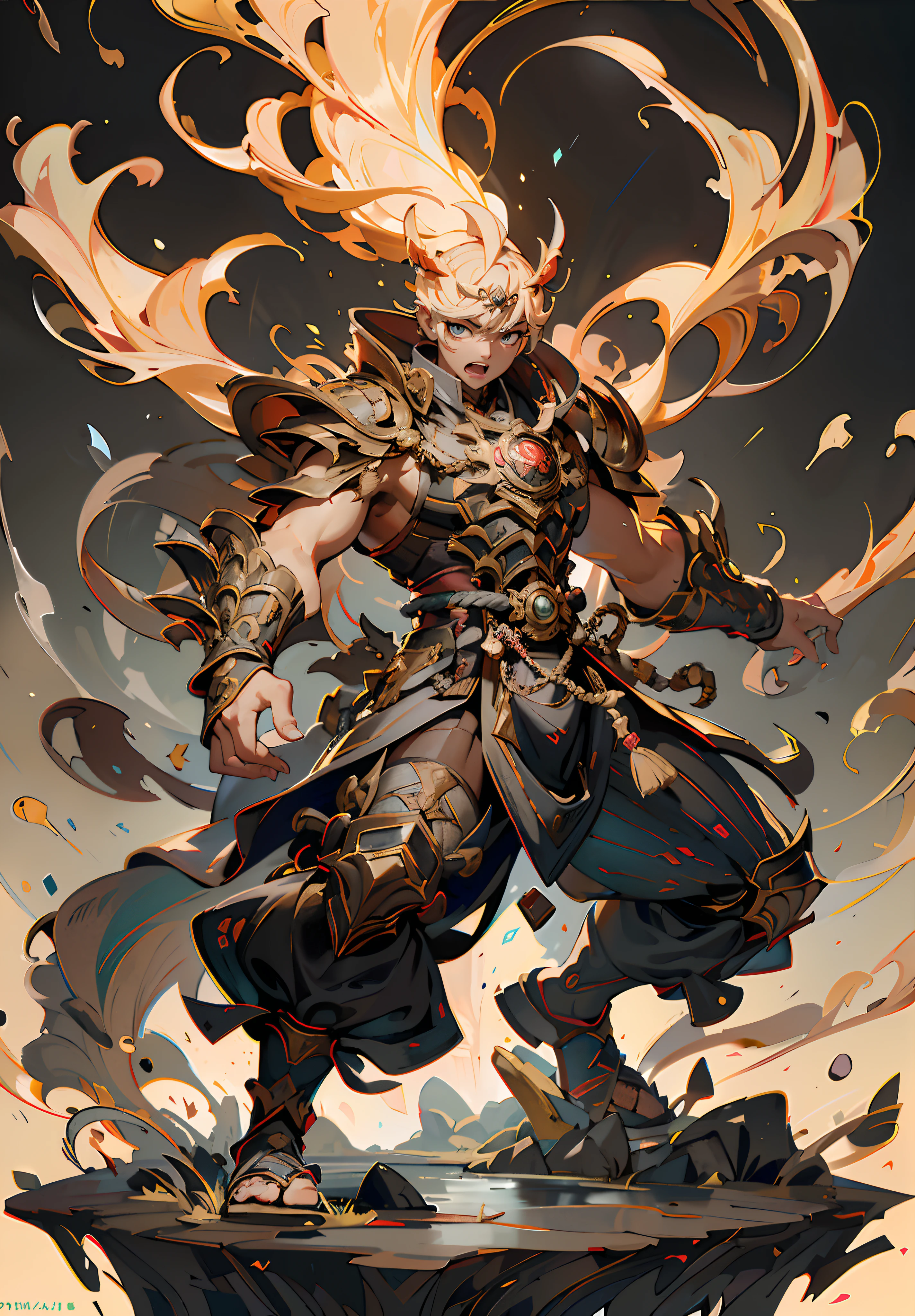 A  masculine cool man with a powerful aura emanating from his entire body, his eyes wide open in anger, and his mouth roaring, He is dressed in a simple yet dignified blackpink-patterned cloth armor with a white base, This character design is reminiscent of Chinese martial arts heroes in Japanese anime, with finely crafted character design and a mature artistic style, ((character concept art)), full body character drawing, high definition, best quality, ultra-detailed, extremely delicate, anatomically correct, symmetrical face, extremely detailed eyes and face, high quality eyes, RAW photo, UHD, 8k, professional lighting, soft lighting, (masterpiece:2)