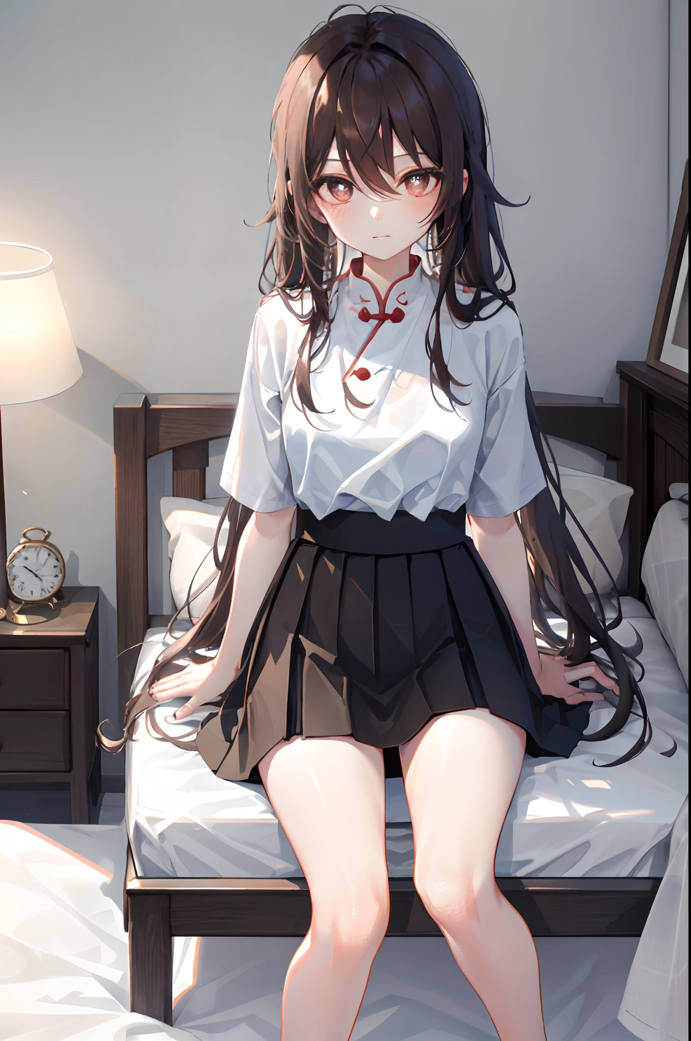 hu tao， 1girll， 独奏， （（white  shirt））， black thighhigns， nedium breasts，， 校服， on top of the bed， a black skirt， pleatedskirt， Beds， hair between eye， with brown eye， Flower pupils， mediuml breasts， long whitr hair， looking at viewert， brunette color hair， Short brown nails， 独奏， upper legs， upper legs， upper legs， long whitr hair， （（tmasterpiece））， Sat down， nightstand， ID tags， inside in room， Blushlush， sexyposture，（long twintail）），short- sleeved，