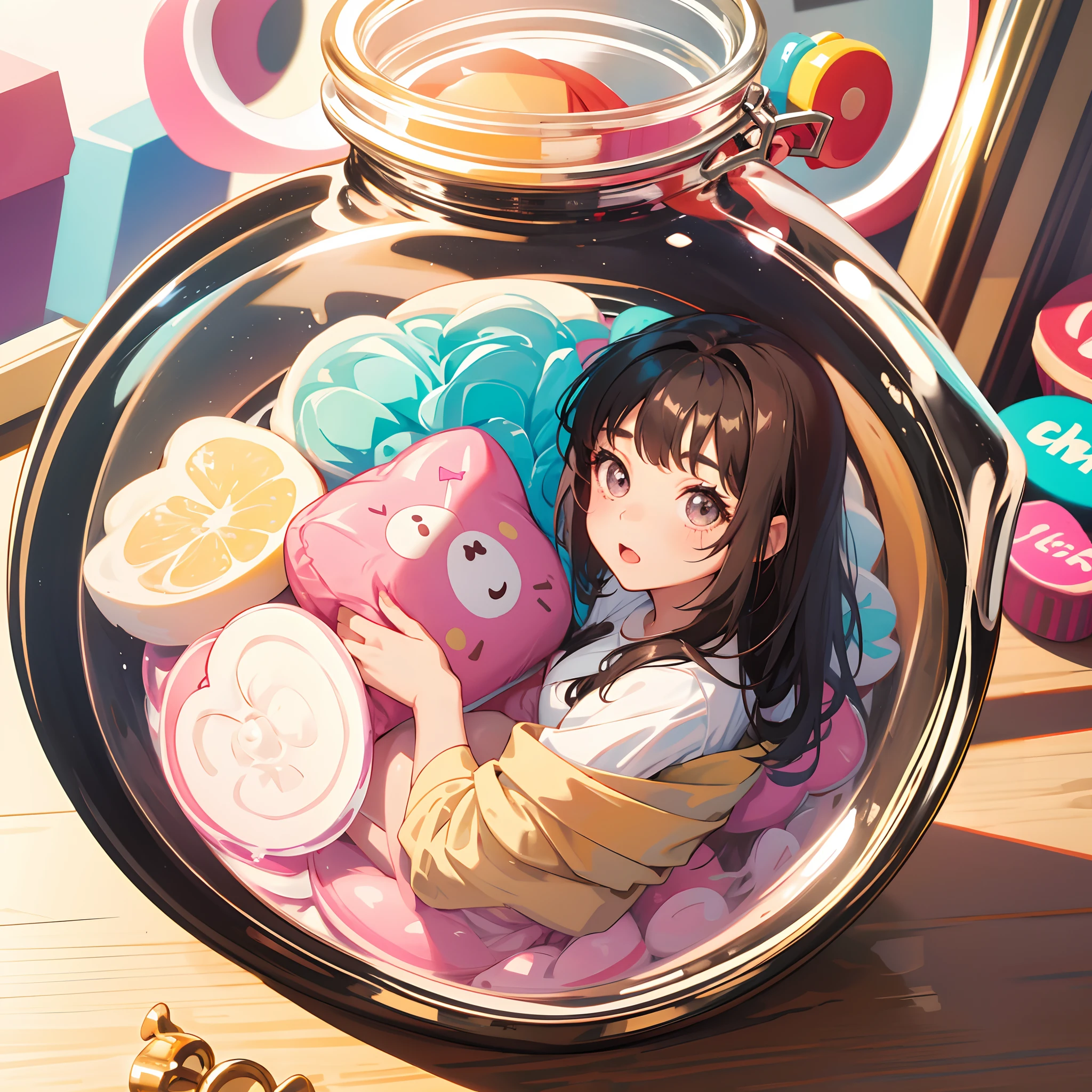 1 girl, solo, cute girl, girl, inside a jar, candy, pastel colors, adorable cute girl, cute, (chibi)