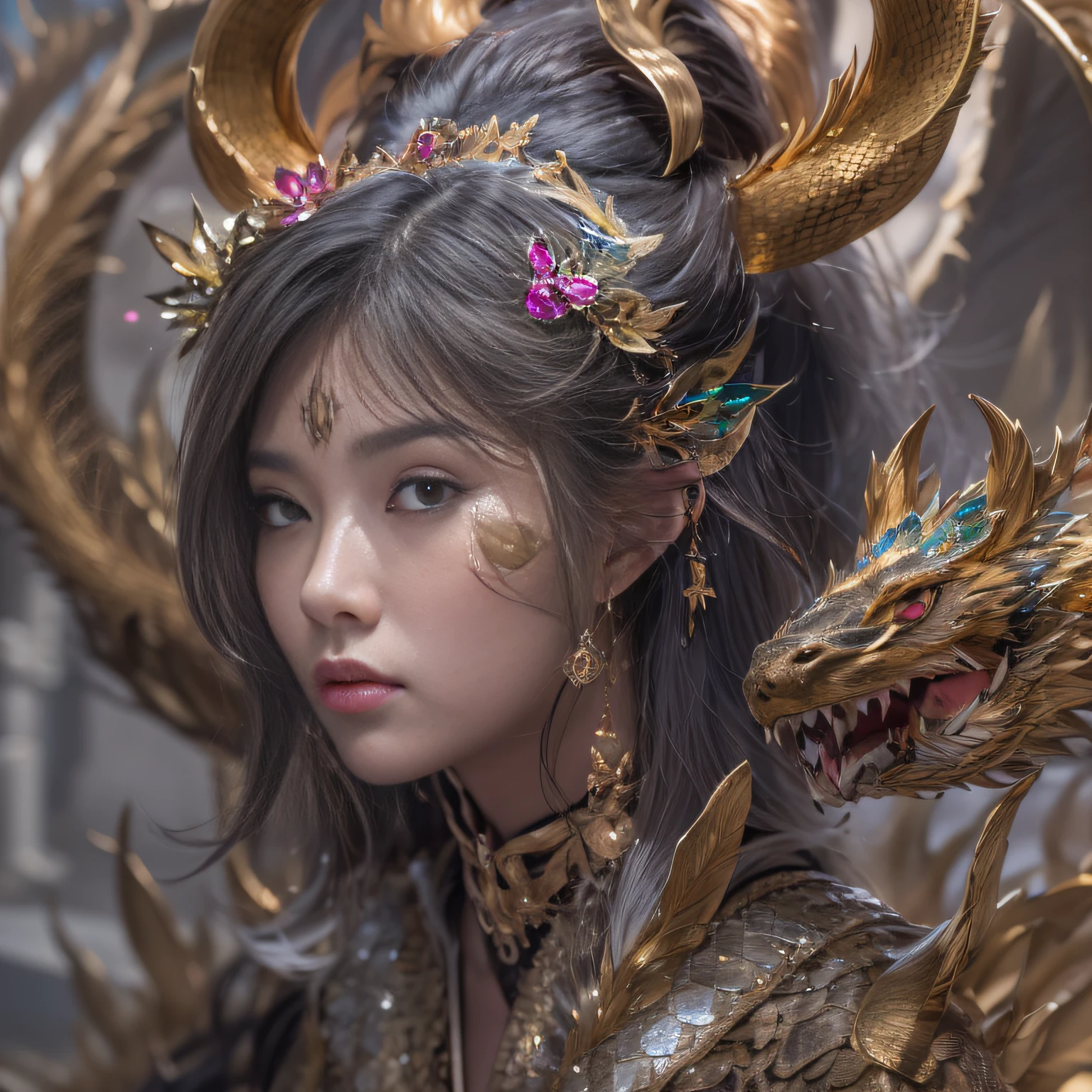 16k（tmasterpiece，k hd，hyper HD，16k）short detailed hair，Gold jewelry area in the back room，Smoke ring girl ，Bronze Dragon Protector （realisticlying：1.4），Python pattern robe，Purple-pink tiara，Snowflakes fluttering，The background is pure，Hold your head high，Be proud，The nostrils look at people， A high resolution， the detail， RAW photogr， Sharp Re， Nikon D850 Film Stock Photo by Jefferies Lee 4 Kodak Portra 400 Camera F1.6 shots, Rich colors, ultra-realistic vivid textures, Dramatic lighting, Unreal Engine Art Station Trend, cinestir 800，Hold your head high，Be proud，The nostrils look at people