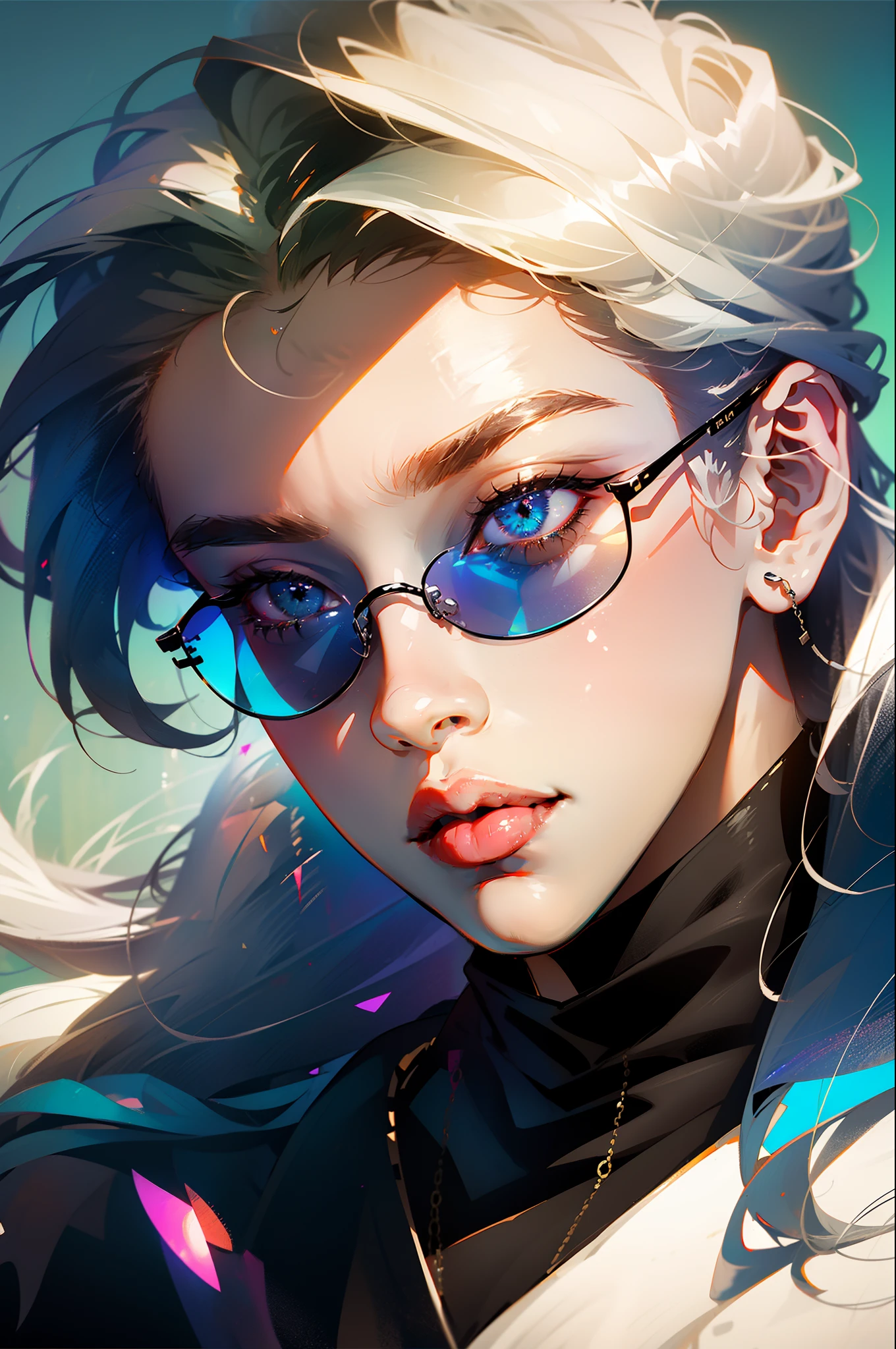 Satoru Gojo, Jujutsu Kaisen, Handsome man with white medium length hair, wearing sunglasses and blue galaxy in his eyes, Sunglasses on the bridge of his nose, revealing his deep blue eyes, looking at viewers, hyper-realistic atmospheres, details, 8k --auto --s2