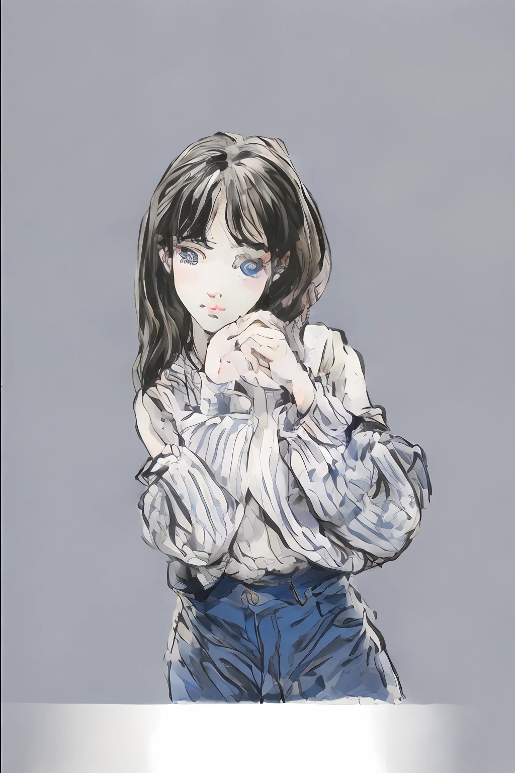 1girll， 独奏， nedium breasts， eBlue eyes， Traditional media， brunette color hair， Denim， vests， trouser， looki at viewer， denim pant， Medium hair， The upper part of the body， 鎖骨， cropped shoulders， hason，， mediuml breasts， By bangs， simple backgound， Open the jacket， Hand up，No clothes