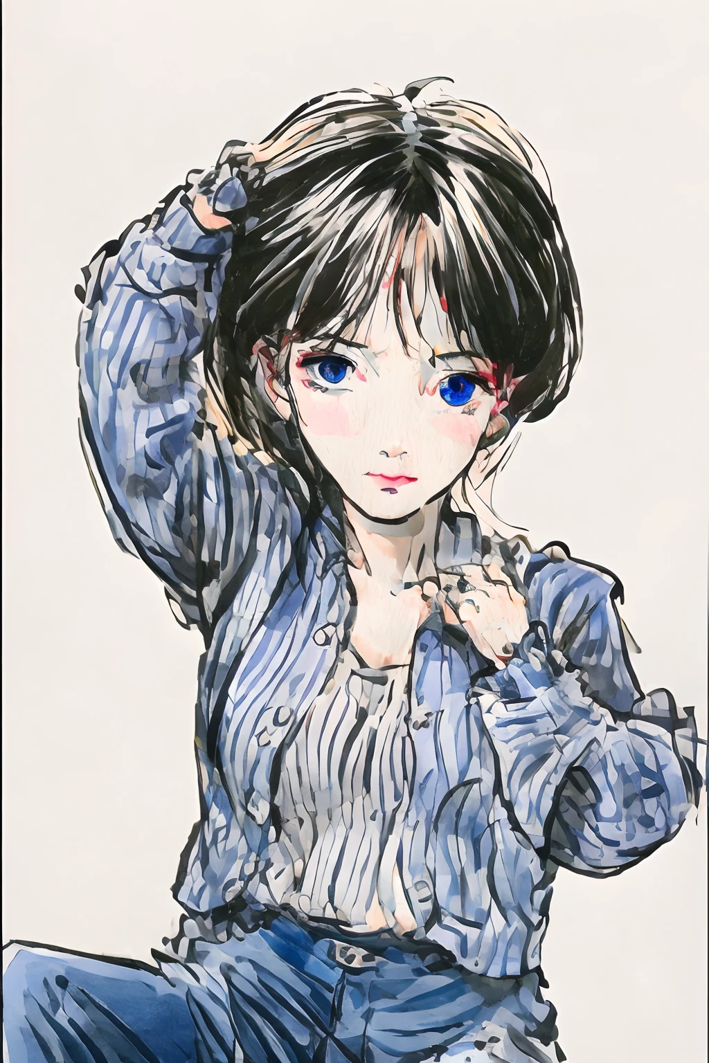 1girll， 独奏， nedium breasts， eBlue eyes， Traditional media， brunette color hair， Denim， vests， trouser， looki at viewer， denim pant， Medium hair， The upper part of the body， 鎖骨， cropped shoulders， hason，， mediuml breasts， By bangs， simple backgound， Open the jacket， Hand up，No clothes