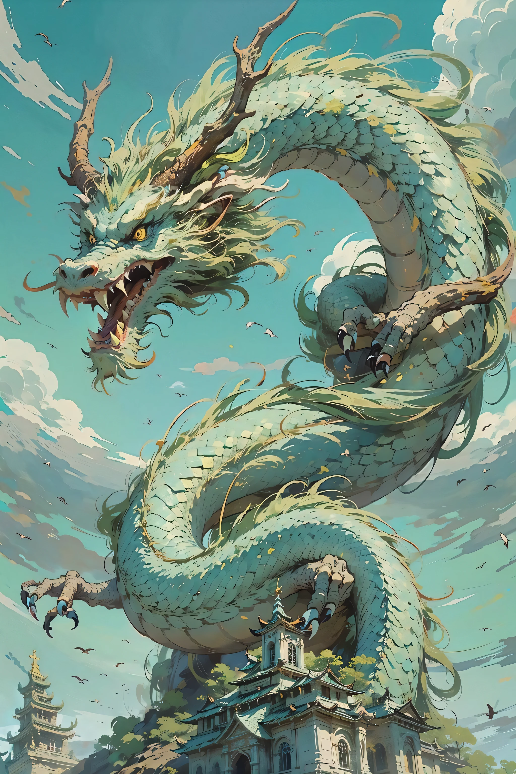 Best quality,masterpiece,ultra high res,nu no humans, (long:1.2),sky, yellow eyes, cloud, scales, eastern dragon, open mouth, sharp teeth, flying, horns, teeth, day, claws, fangs, blue sky