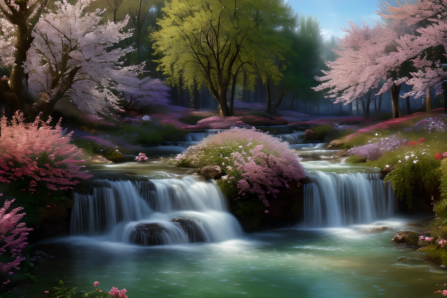 Paysage forestier au printemps , Eau cristalline, ciel azur lumineux, fleurs glycines ,(Highly detailed CG Unit 8k wallpaper), The most beautiful work of art in the world, Professional majestic oil painting, complexe, High detail, mise au point nette, dramatique, Art of photorealist painting, Alma Tadema