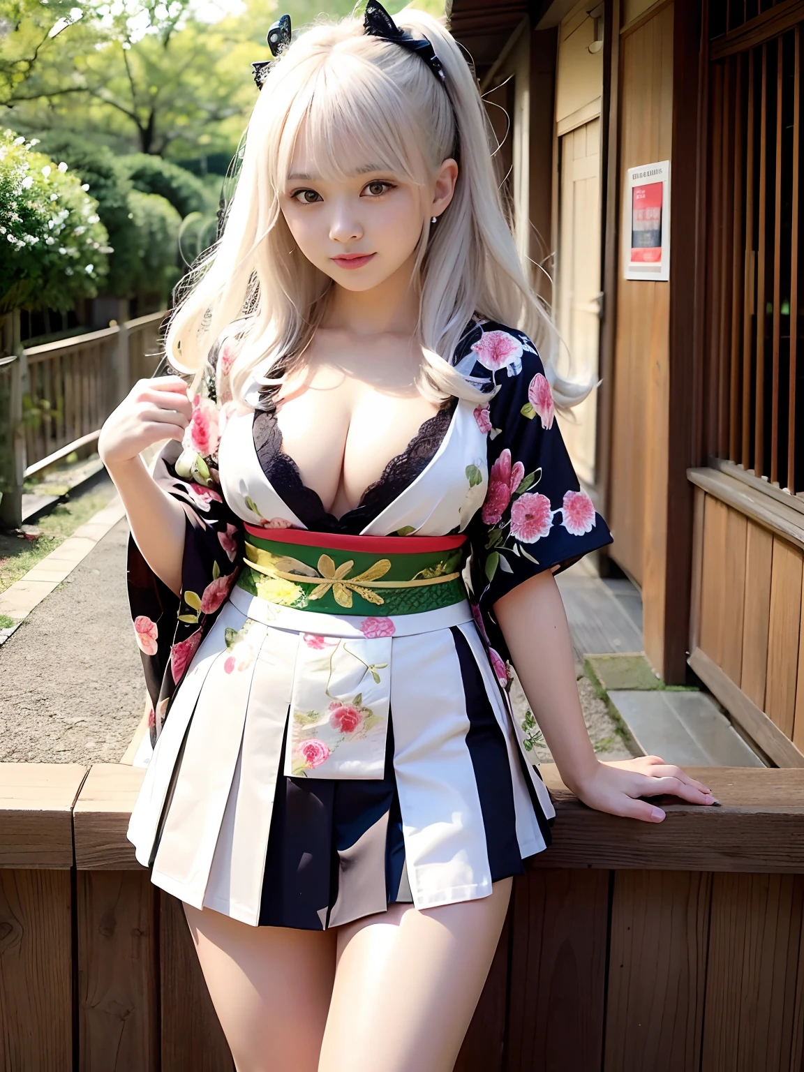 top-quality、masterpiece、超A high resolution、(Photorealsitic:1.4)、Raw foto、1 girl in、((white hair))、full body Esbian、large full breasts、Ultra exposed cleavage、erotick、Erotic look、gargantilha、二重まぶた、Loose and fluffy perm、semi long hair、Pleated skirt with slit、Staring at us with your whole body、Close up in black and white kimono, sōsaku hanga, hakama kimono, Anime Cosplay, Onmyoji, Komono,, high quality costume, intricate hakama, flowing magic robe, bath robe, japanese kimono、((age Korean schoolgirl))、((Korean Female Idols))++、((human girl))、((a baby face))、