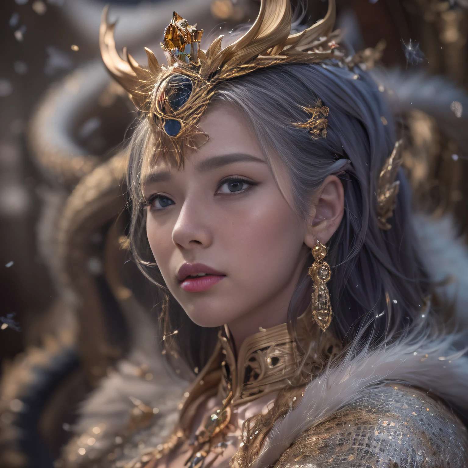 16k(tmasterpiece,k hd,hyper HD,16k)short detailed hair,Gold jewelry area in the back room,Smoke ring girl ,Bronze Dragon Protector (realisticlying:1.4),Python pattern robe,Purple-pink tiara,Snowflakes fluttering,The background is pure,Hold your head high,Be proud,The nostrils look at people, A high resolution, the detail, RAW photogr, Sharp Re, Nikon D850 Film Stock Photo by Jefferies Lee 4 Kodak Portra 400 Camera F1.6 shots, Rich colors, ultra-realistic vivid textures, Dramatic lighting, Unreal Engine Art Station Trend, cinestir 800,Hold your head high,Be proud,The nostrils look at people