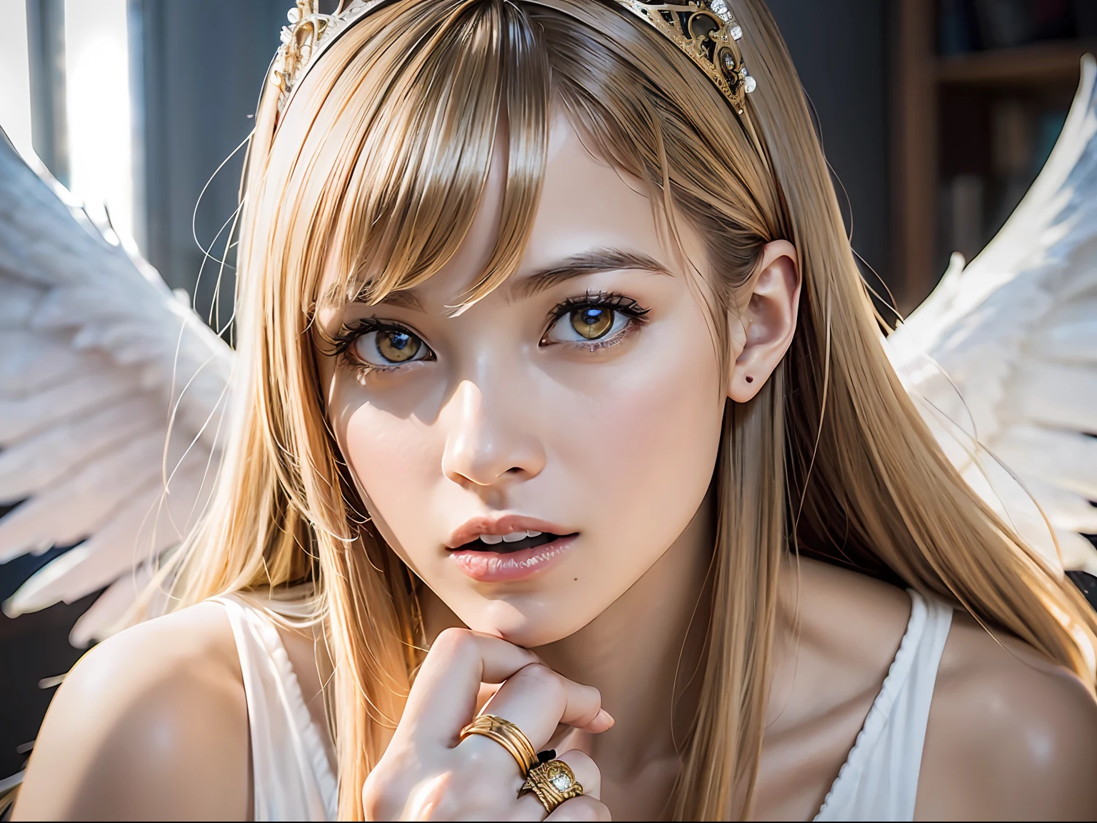 Ultra-detailed complex 3D rendering of the face, (Colossal: 8.8), (masterpiece, top quality, octane rendering, 8K), glamour shot full body image, cleavage, (highly detailed skin: 1.2), (exposure: 1.1), (blonde), (wearing a plummet tank top of gold silk: 1.5)), blonde hair, beautiful Caucasian woman with full soft breasts and white skin, one with big ass, long braided hair, big breasts, dynamic angle, mystical expression, ultra-realistic photography, (((((portrait))), bare feet, futuristic city background, facial muscles, detailed and beautiful queen tiara, in the style of Marvel Comics, clear focus, studio photography, intricate details, highly detailed, detailed yellow eyes, sharp focus, digital rendering, professional, abs, ((((sexy pose))), natural jungle, open mouth lightly, mansle, open crotch, seductive look, angel ring, detailed angel wings, angel ring, detailed mouth inside,
