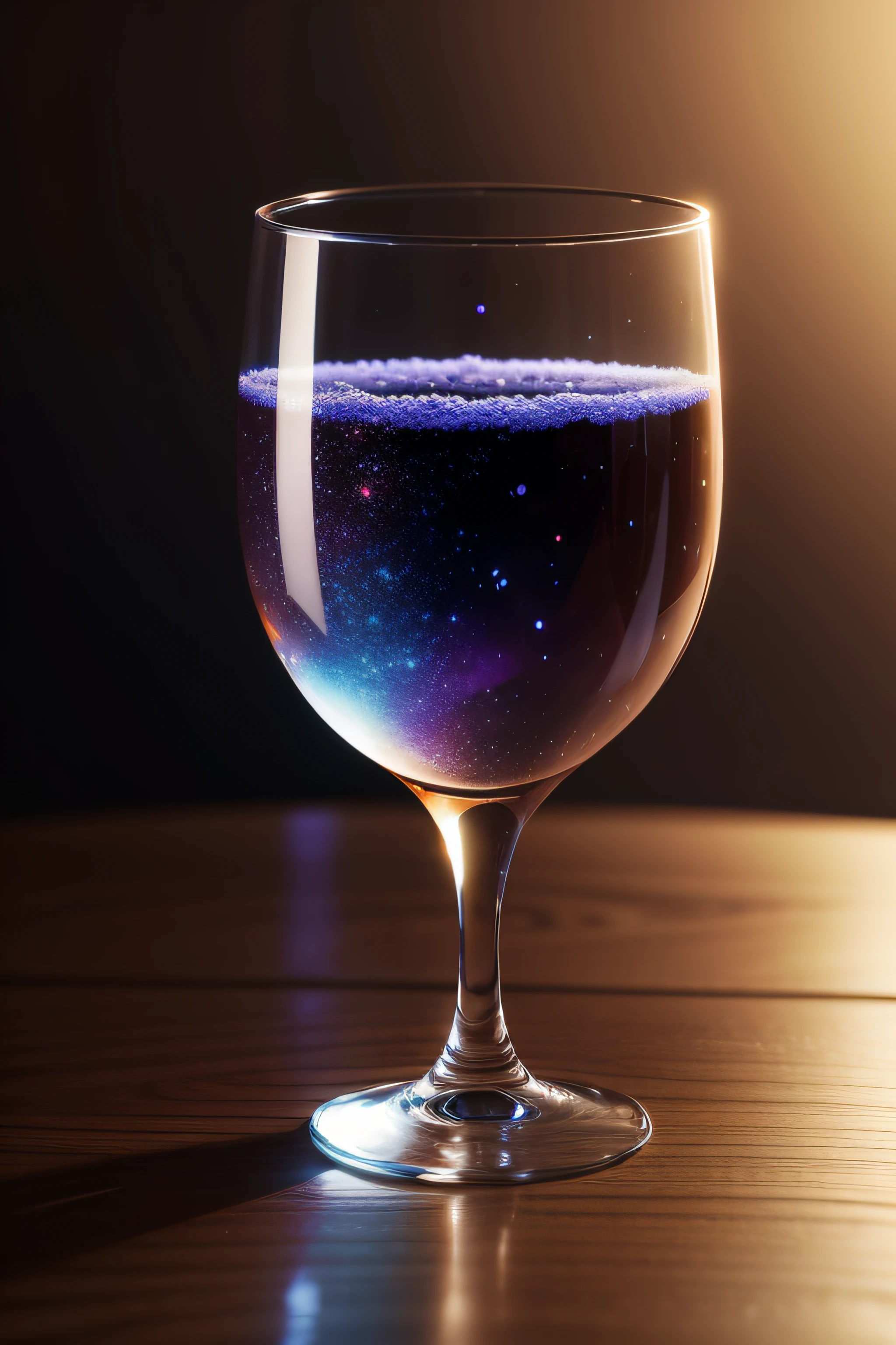A Empty glass on the table. Beautiful background like galaxy themes. Realistic
