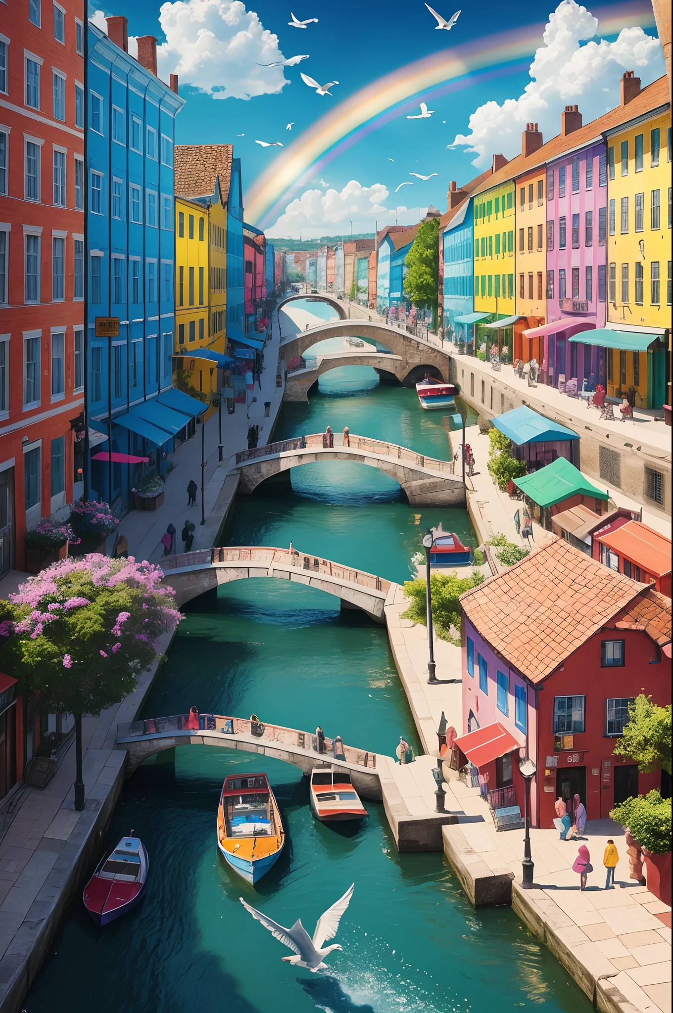 Illustration of a colorful city with a river flowing,rainbows, Doves and seagulls flying,colorful city, Highly detailed bright colors, colorful image, Colorful buildings, Brightly colored buildings, colorful house, Cottage Town, magical village, Colorful scene, colorful architectural drawing, townscape, Illustrative!!, colorful illustration, Coloring in lots of colors, colourful drawing, colourful drawing, a bustling magical town