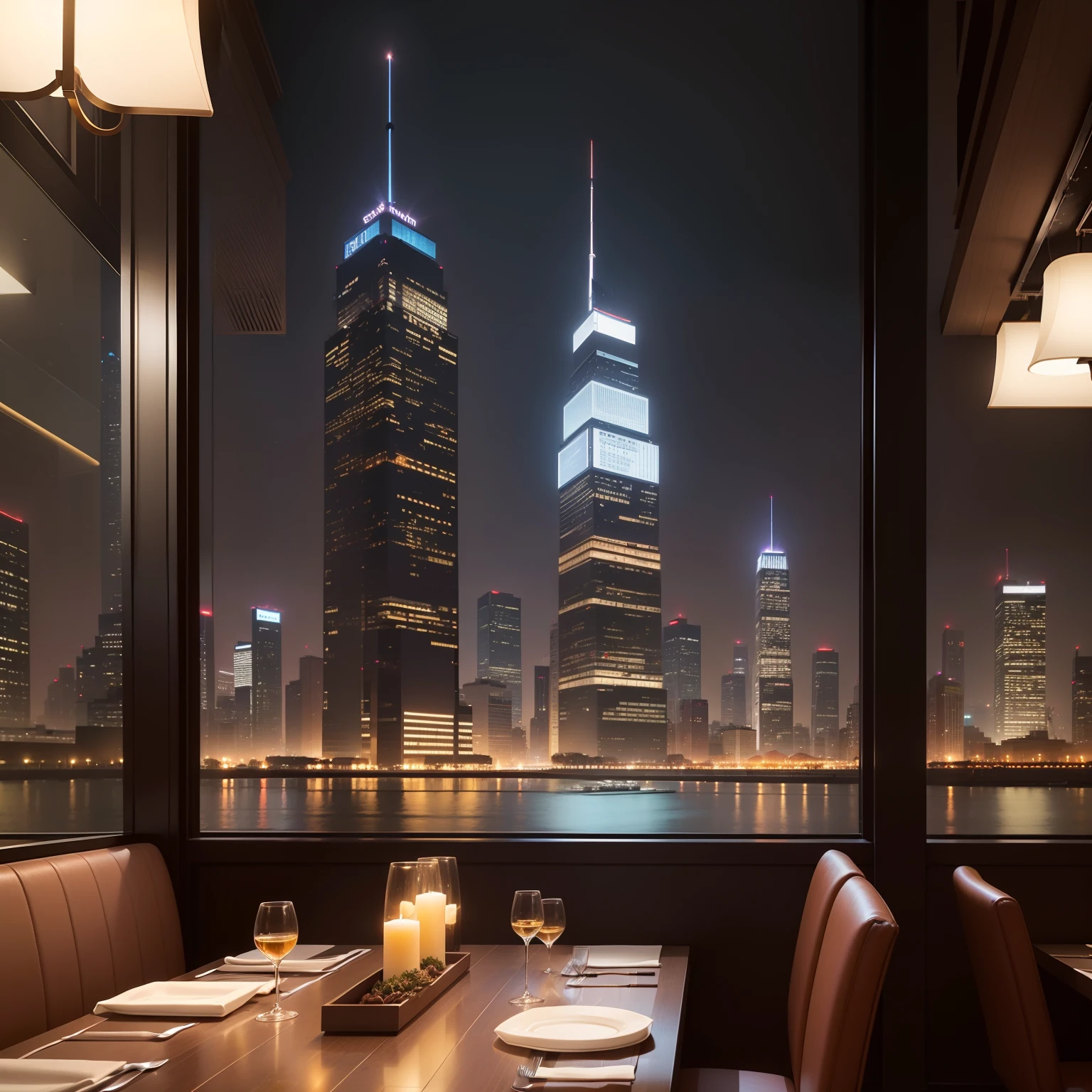 Stylish restaurant with a night view of skyscrapers、cooking a、top-quality、masterpiece、超A high resolution、near future