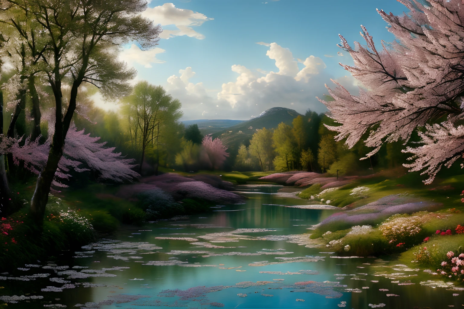 Paysage forestier au printemps , Eau cristalline, ciel azur lumineux, fleurs glycines ,(Highly detailed CG Unit 8k wallpaper), The most beautiful work of art in the world, Professional majestic oil painting, complexe, High detail, mise au point nette, dramatique, Art of photorealist painting, Alma Tadema