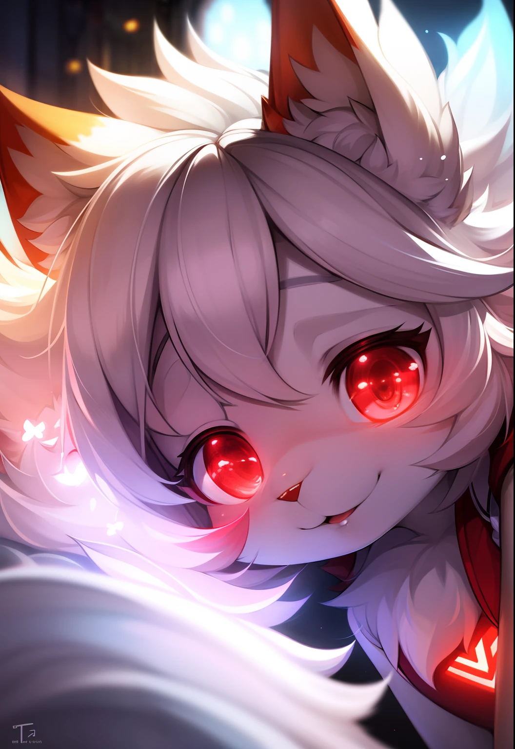 furry, white fur, ultra cute face, red elements on fur, glowing t-shrt, beautiful lights and shadows, ambient light, ultra detailed fur, volumetric light