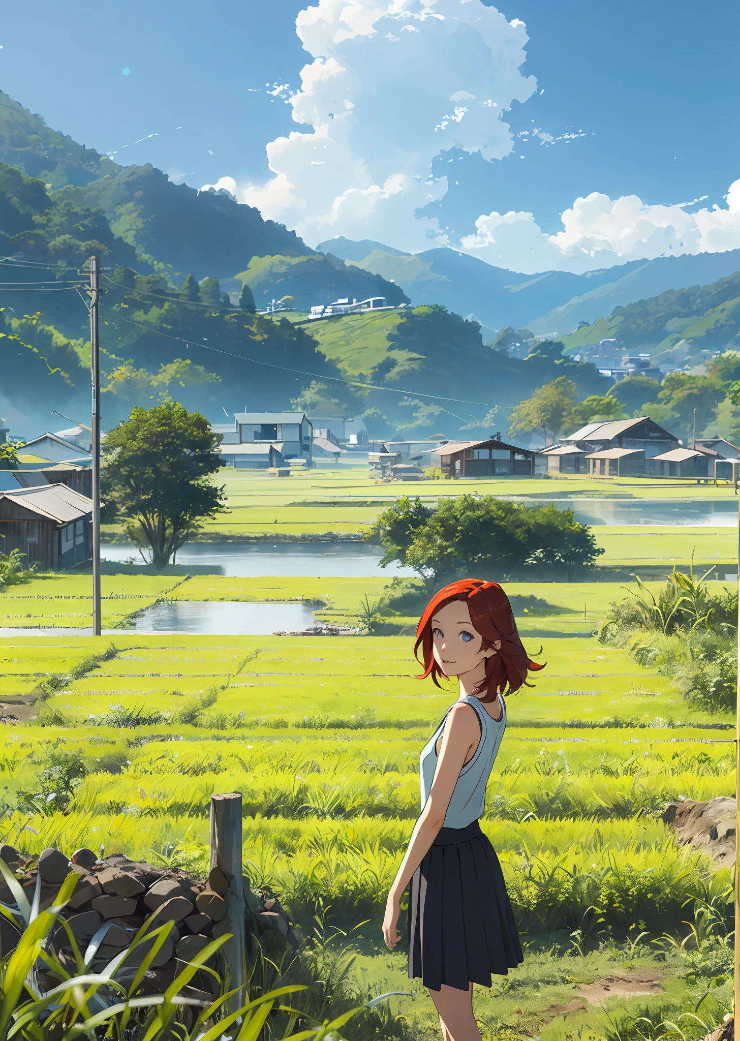 A girl ,red hair,blue eyes, in a hill place,and paddy field, wearing short top,skirt,cute face