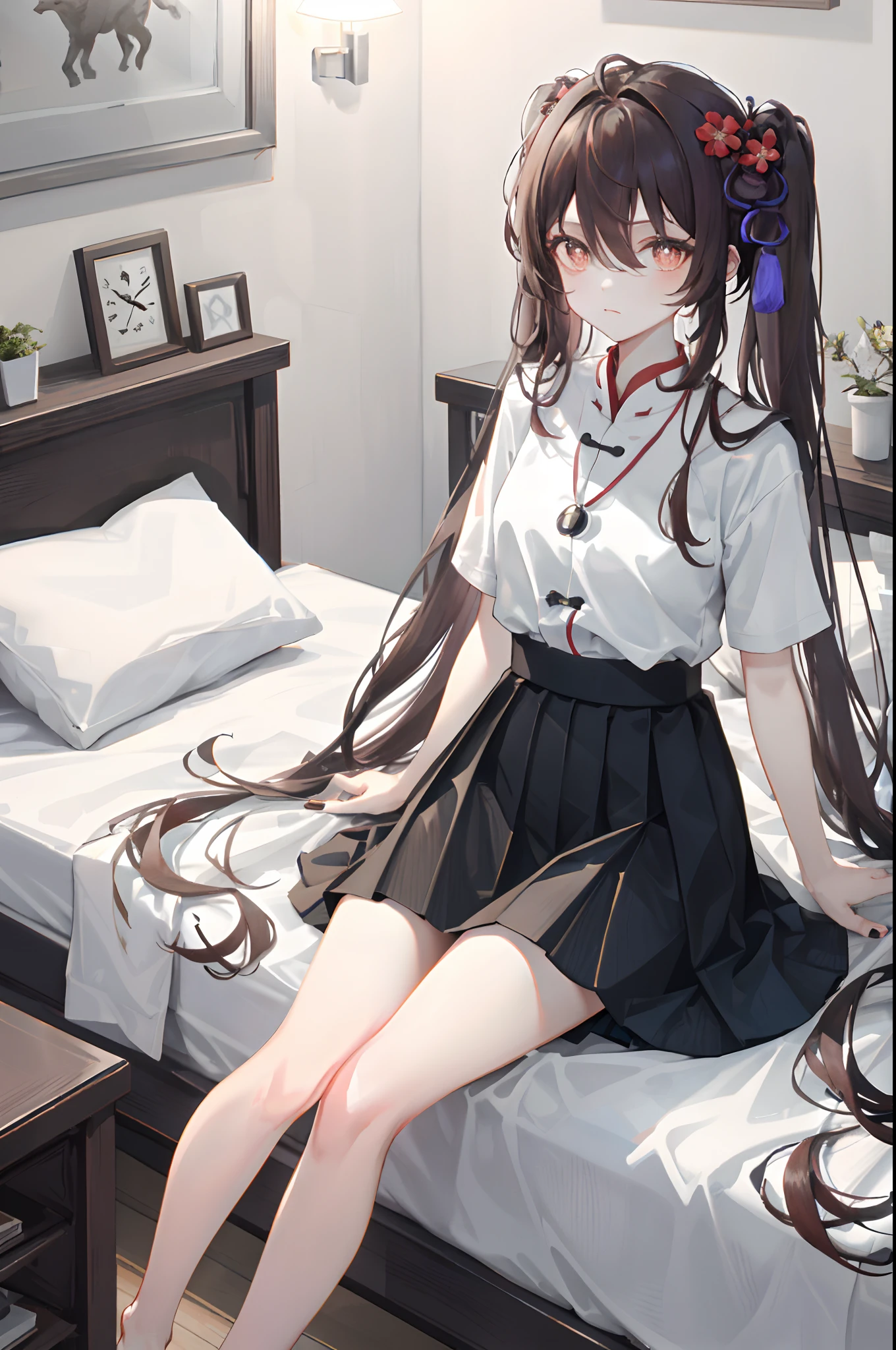 hu tao， 1girll， 独奏， （（white  shirt））， black thighhigns， nedium breasts，， 校服， on top of the bed， a black skirt， pleatedskirt， Beds， hair between eye， with brown eye， Flower pupils， mediuml breasts， long whitr hair， looking at viewert， brunette color hair， Short brown nails， 独奏， upper legs， upper legs， upper legs， long whitr hair， （（tmasterpiece））， Sat down， nightstand， ID tags， inside in room， Blushlush， sexyposture，（long twintail）），short- sleeved，