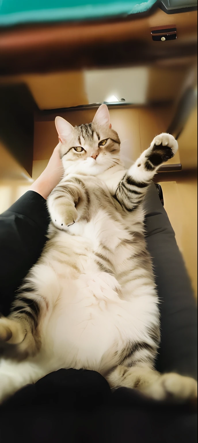 There is a cat lying on a human lap, doing a majestic pose, doing a sassy pose, in an action pose, cat is floating in air, triumphant pose, doing a hot majestic pose, showing his paws to viewer, chonker cat, waving at the camera, doing an elegant pose, stretching out arms, holding paws, in a fighting pose
