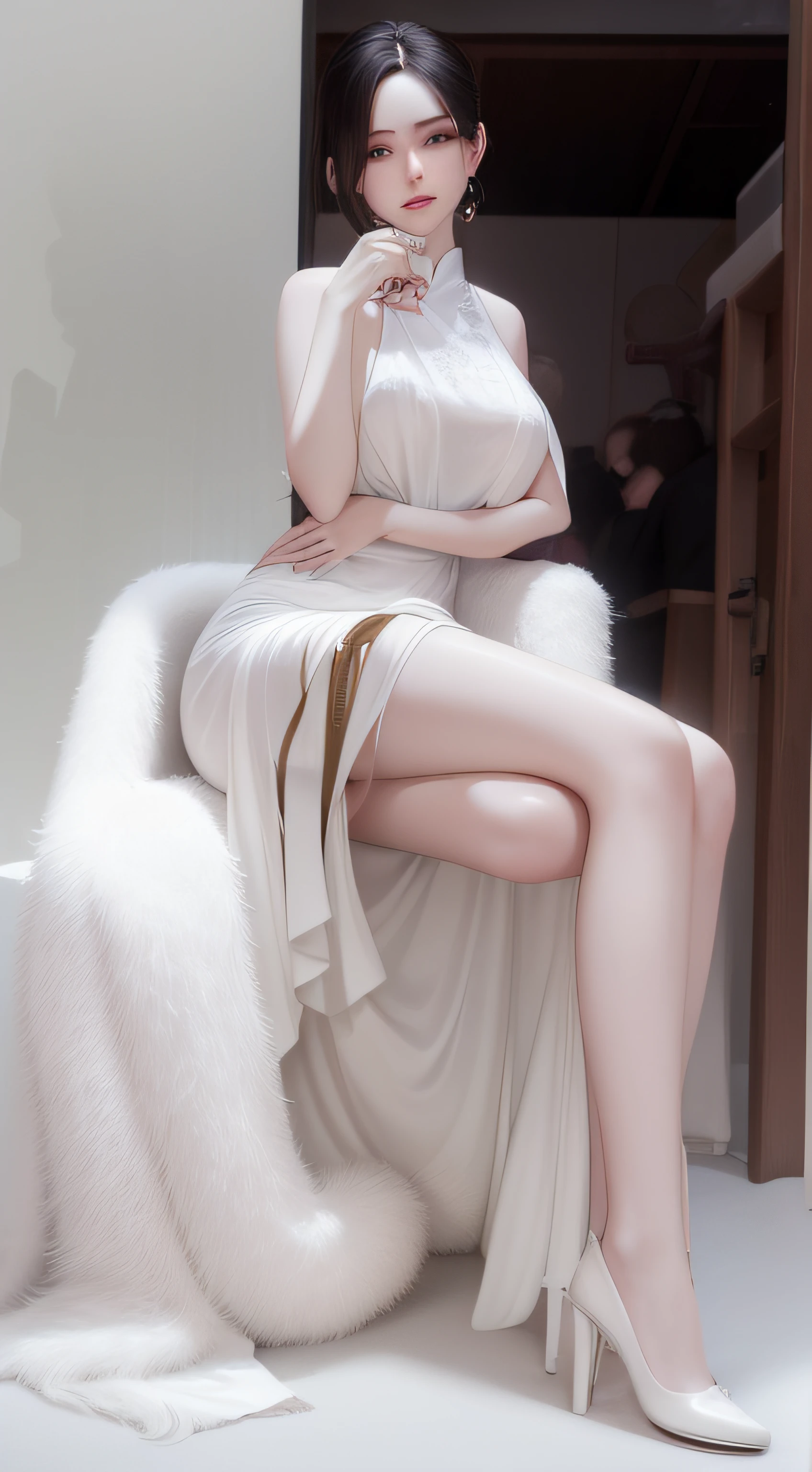 there is a woman sitting in a chair with a cell phone, pale milky white porcelain skin, amouranth, pale porcelain white skin, Smooth translucent white skin, gorgeous chinese models, pale snow-white skin, pale woman, tall thin beautiful goddess, extremely pale, , Pale white skin, Attractive pose, elegant seducing pose, Sexy pose