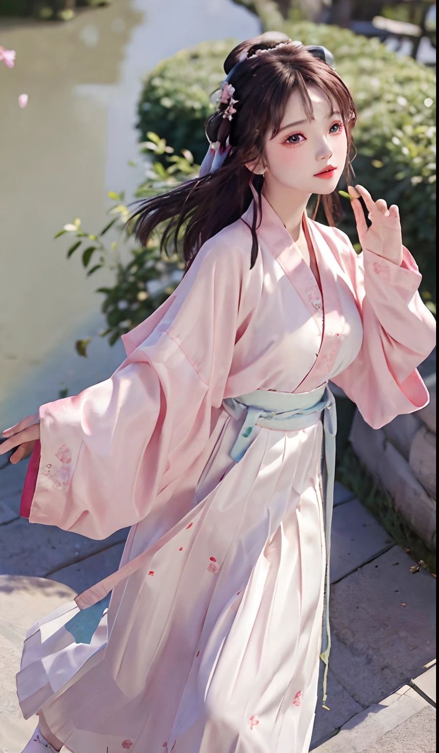 (8k, best quality, masterpiece:1.2), (realistic, photo-realistic:1.2),(sky of background: 1.2),looking at viewer, 1girl,perfect face, perfect eyes,large breasts,perfect skin,make happy expressions,gorgeous,pure,light make up,jade jewelry,hair ornament,hair band,looking at viewer,colorful,(hanfu, song style outfits, 1girl, pink short shan, white pleated skirt, red songmo),