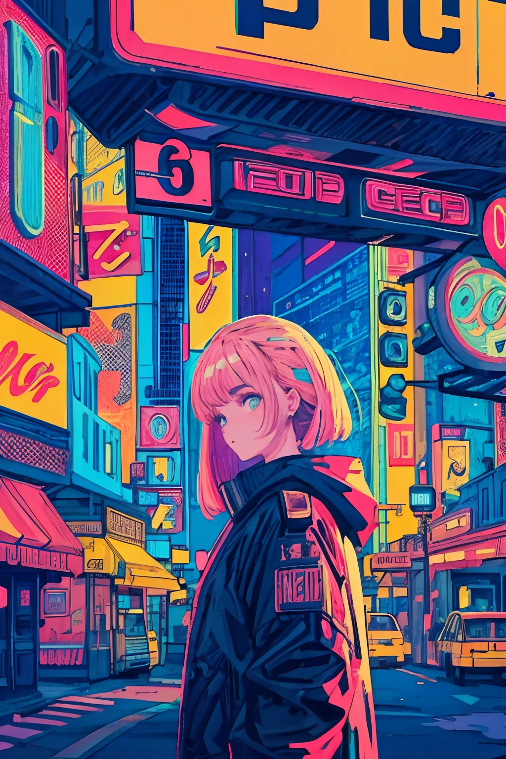 best quality, 4K wallpaper, masterpiece, extremely detailed CG unity 8k wallpaper, extremely detailed eyes, ultra-detailed, intricate details, 1girl, retro art style, neon_pop art style, public, outdoors, road sign, city,