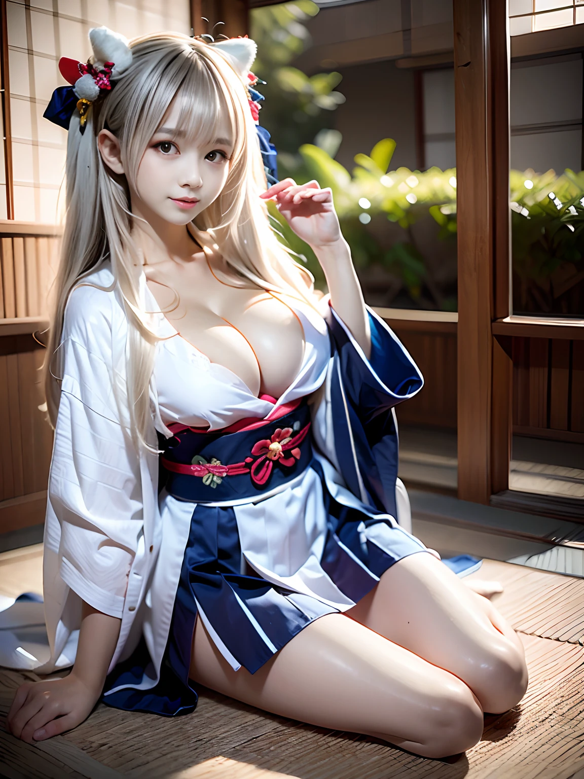 top-quality、​masterpiece、超A high resolution、(Photorealsitic:1.4)、Raw foto、1 girl in、((white  hair))、full body Esbian、large full breasts、Ultra exposed cleavage、erotick、Erotic look、gargantilha、二重まぶた、Loose and fluffy perm、semi long hair、Pleated skirt with slit、Staring at us with your whole body、Close up in black and white kimono, sōsaku hanga, hakama kimono, Anime Cosplay, Onmyoji, Komono,, high quality costume, intricate hakama, flowing magic robe, bath robe, japanese kimono、(( Korean schoolg((Korean Female Idols))++、((human girl))、((a baby face))、