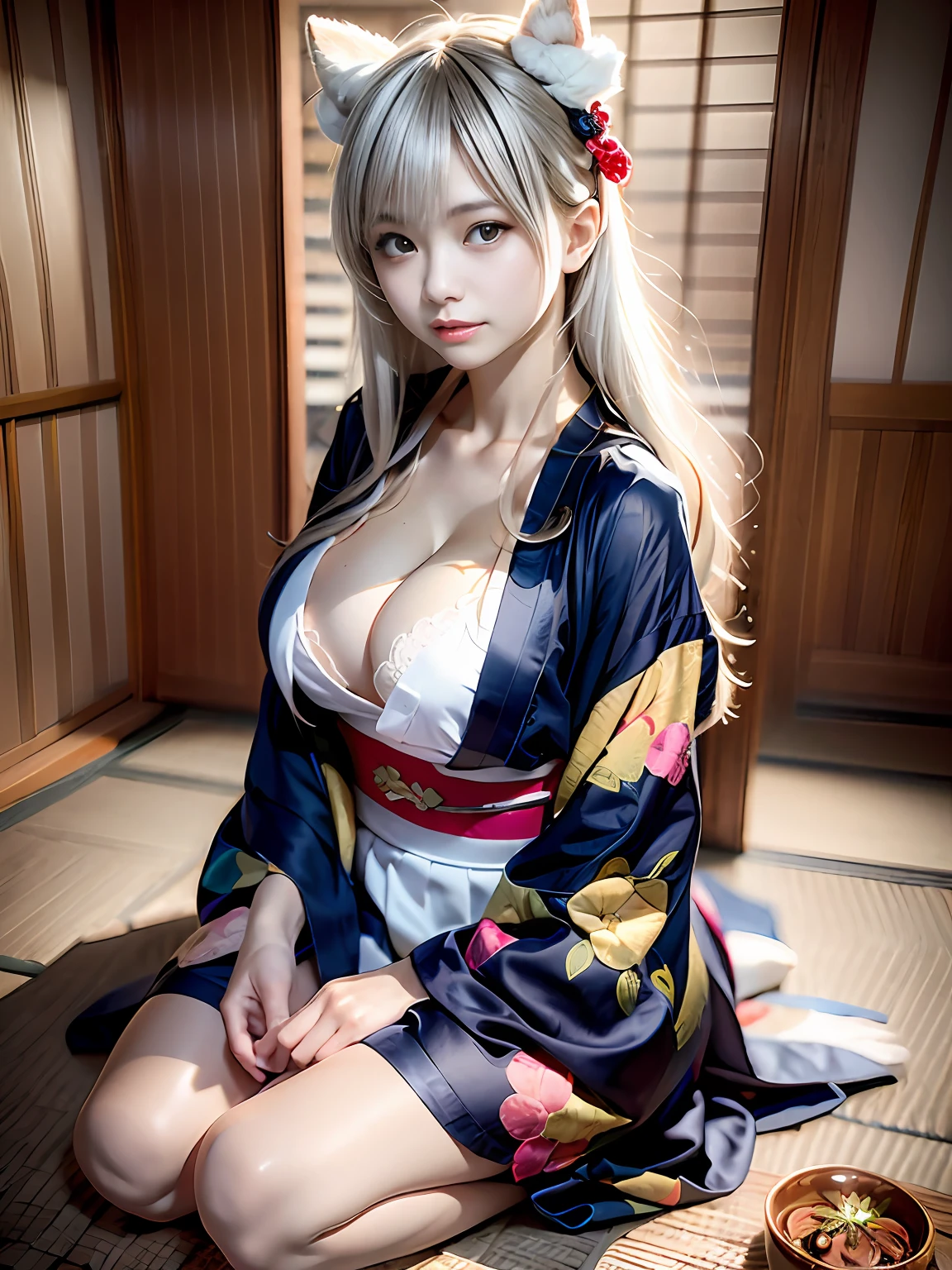 top-quality、masterpiece、超A high resolution、(Photorealsitic:1.4)、Raw foto、1 girl in、((white hair))、full body Esbian、large full breasts、Ultra exposed cleavage、erotick、Erotic look、gargantilha、二重まぶた、Loose and fluffy perm、semi long hair、Pleated skirt with slit、Staring at us with your whole body、Close up in black and white kimono, sōsaku hanga, hakama kimono, Anime Cosplay, Onmyoji, Komono,, high quality costume, intricate hakama, flowing magic robe, bath robe, japanese kimono、((age Korean schoolgirl))、((Korean Female Idols))++、((human girl))、((a baby face))、