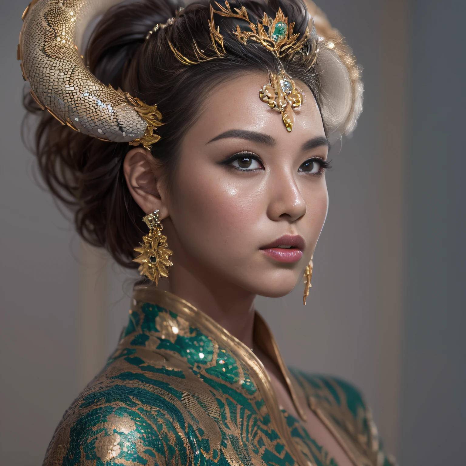 16k(tmasterpiece,k hd,hyper HD,16k)short detailed hair,Gold jewelry area in the back room,Smoke ring girl ,Bronze Dragon Protector (realisticlying:1.4),Python pattern robe,Purple-pink tiara,Snowflakes fluttering,The background is pure,Hold your head high,Be proud,The nostrils look at people, A high resolution, the detail, RAW photogr, Sharp Re, Nikon D850 Film Stock Photo by Jefferies Lee 4 Kodak Portra 400 Camera F1.6 shots, Rich colors, ultra-realistic vivid textures, Dramatic lighting, Unreal Engine Art Station Trend, cinestir 800,Hold your head high,Be proud,The nostrils look at people