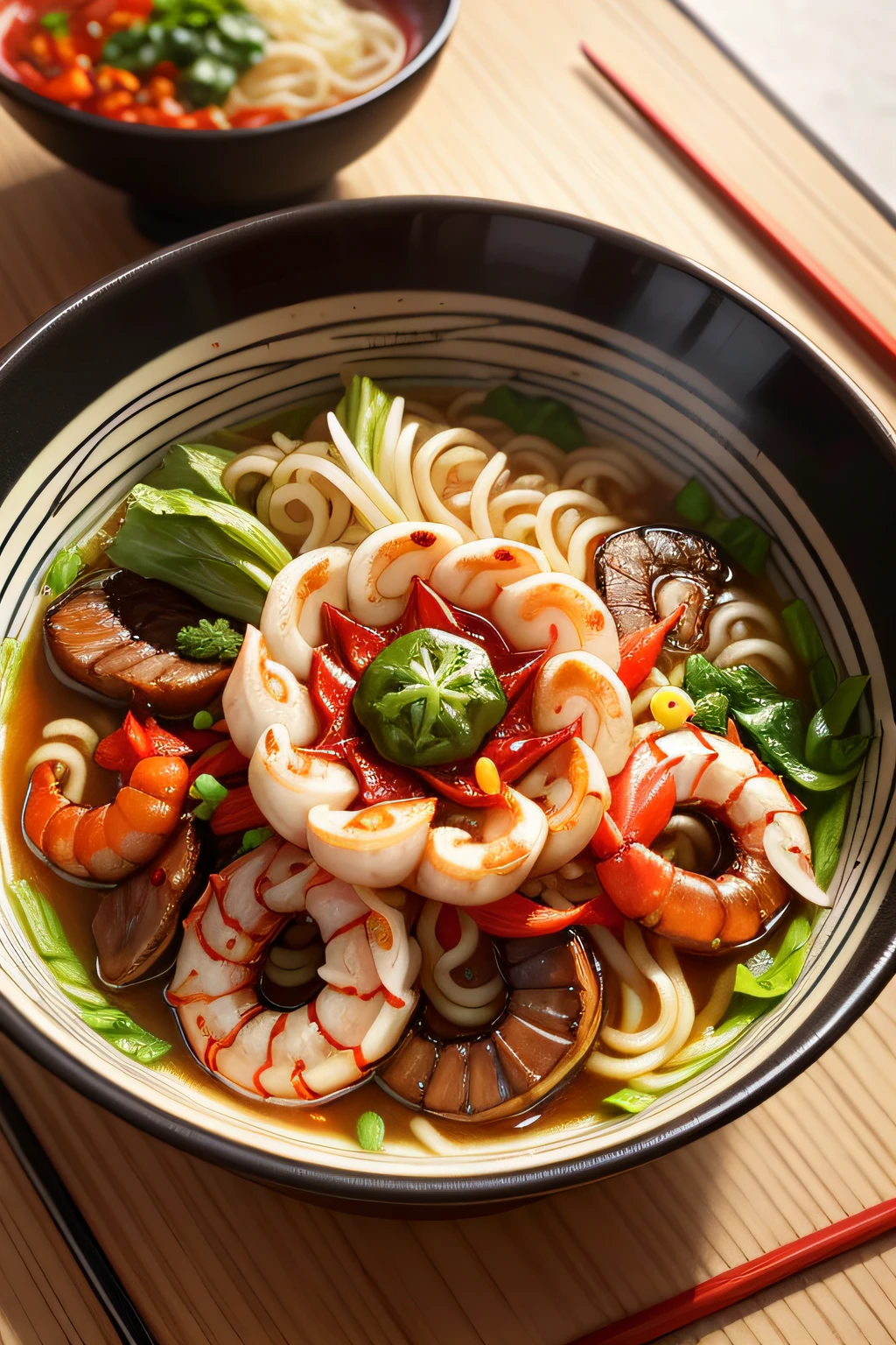 Close-up noodles、beef、Small octopus、Black fungus、shrimps、Green peppercorns、Flower nails、chili pepper、vegetable、Chinese cabbage、coriander、Dragon fish , Super realistic food pictures, full subject shown in photo, A pair of chopsticks in a bowl of noodles，Randy Post, hyper realistic &quot;, hyper realistic&quot;, high res photo