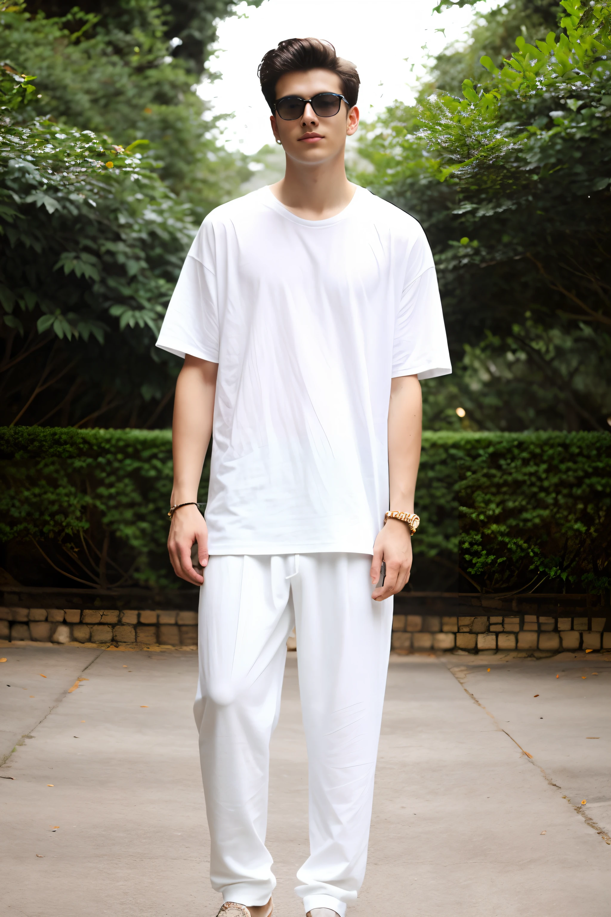 22 years old handsome suneyewear male, oversized white t-shirt black pants in the eye, stylish clothing, full length photo,