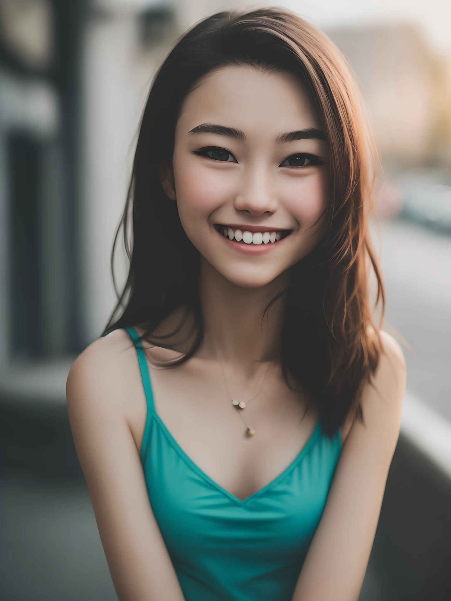 1girl, idol, model, depth of field, photo, film, face, skinny, smile, collarbone,  teeth, movie, camisole, selfie, night,