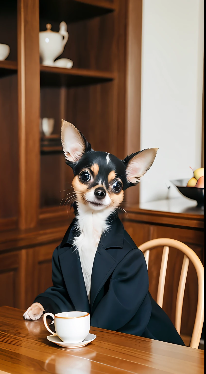 Black tan long coat Chihuahua, (((Small)))), in a teacup, Face out, Tongue sticking, Front paws sticking out of teacup, 8k, Professional photo, delicate, clear, on the table, in the house, sunshine, Light leak, Masterpiece, ((Pretty)))), Fashionable teacup, (Reality))))