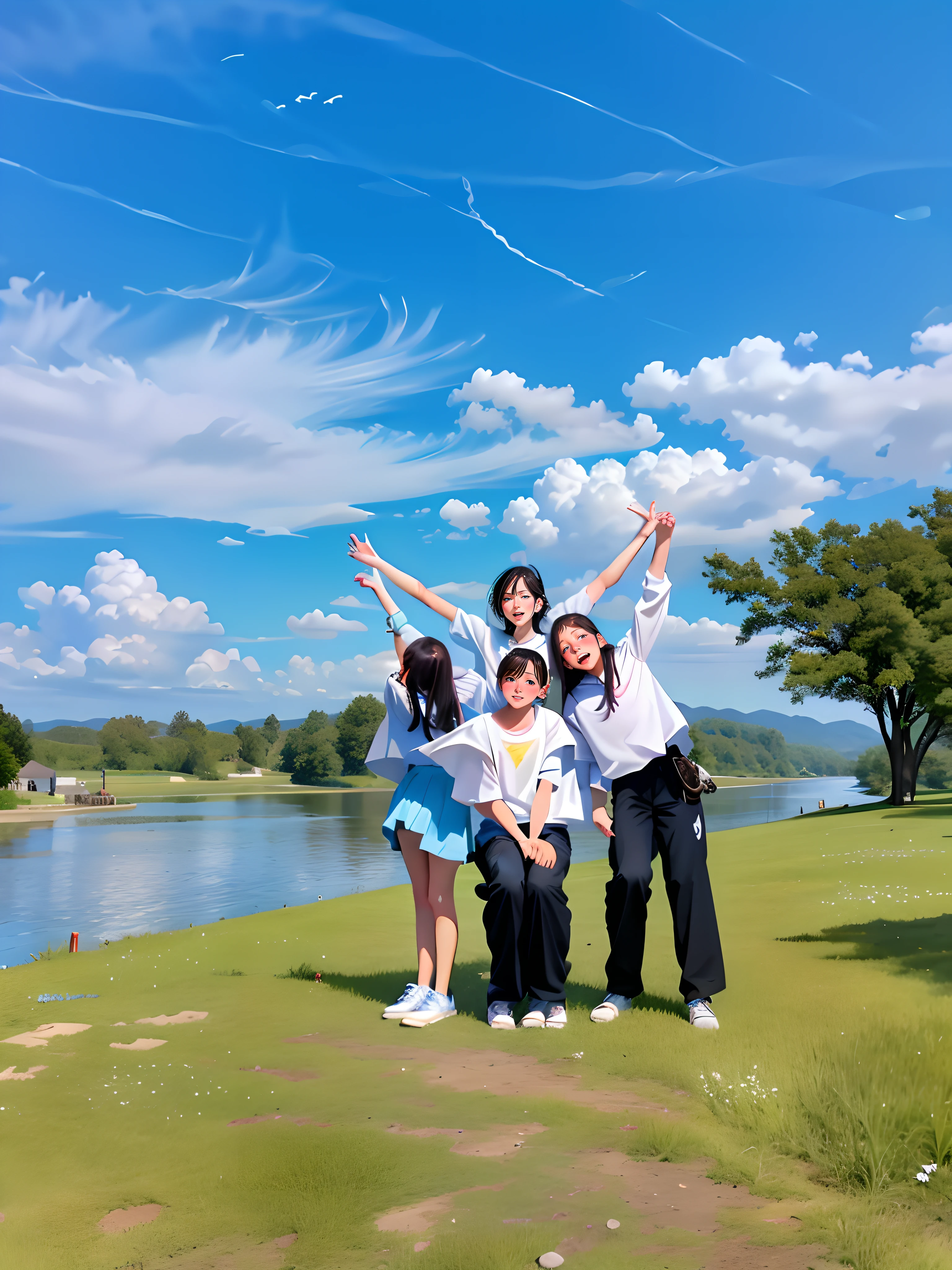 On the grass by the water stood four people, Two boys in the middle,Left and right are girls,vacation photo, Group photo, beautiful fine sky, in a scenic background, near a river, perfect spring day with, river in the background, um dia ensolarado, scenic full shot,The hands are connected in the shape of a five-pointed star