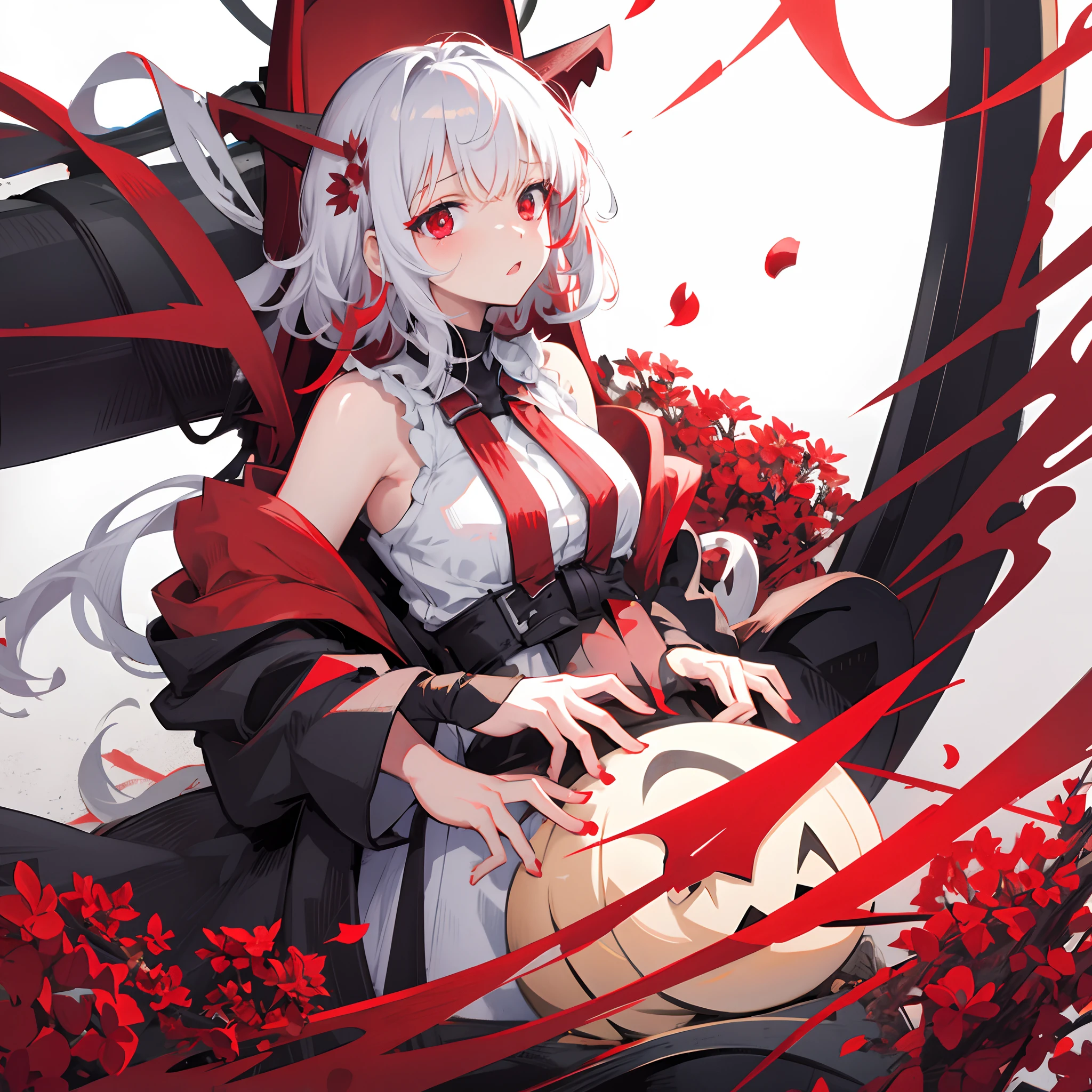 gros plan, une fille, cheveux noirs, yeux rouges, fond rouge, black petals