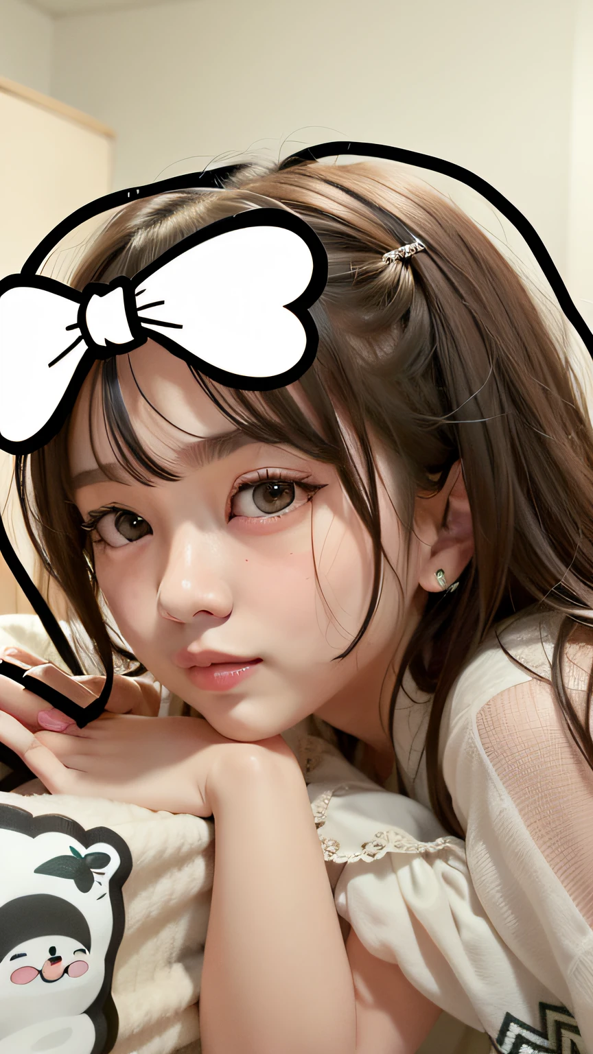 There is a girl with a bow on her head posing for a photo, ulzzangs, with cute - fine - face, wan adorable korean face, blackpink jennie, young cute wan asian face, Ruan cute vtuber, girl cute-fine face, with round face, small heart - shaped face, Round cute face, Cartoon Cute